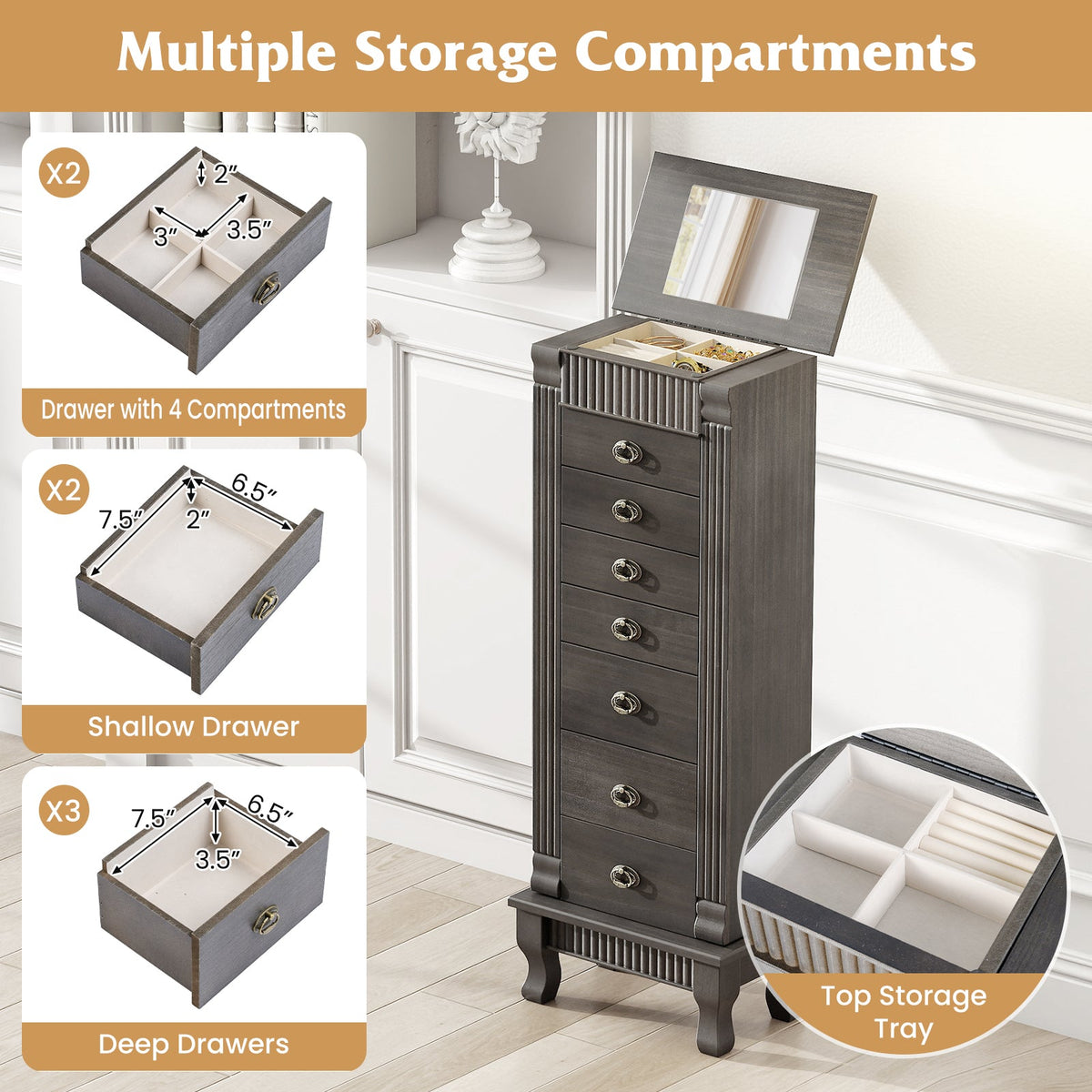 Wooden Jewelry Armoire Cabinet Storage Chest with Drawers and Swing Doors