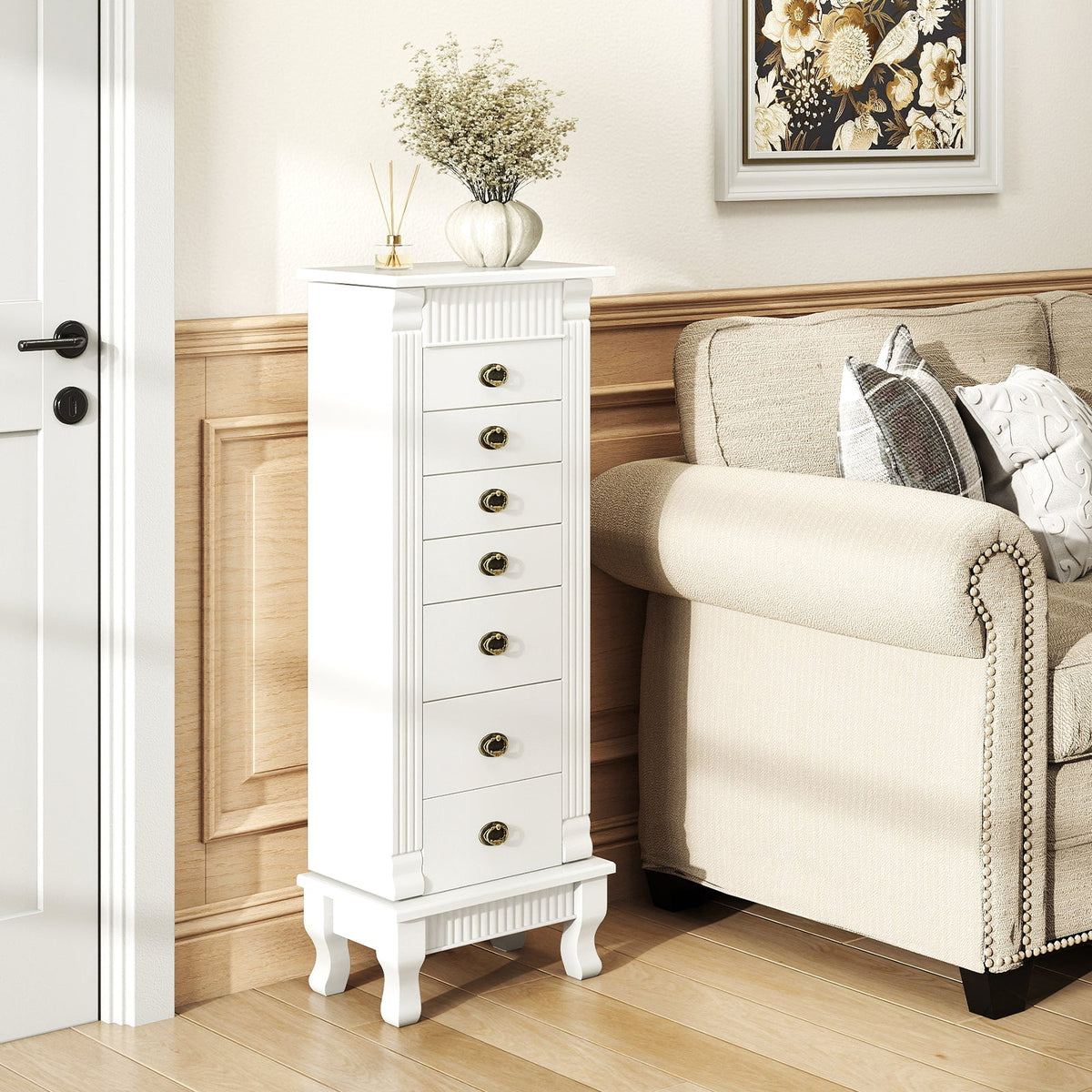Wooden Jewelry Armoire Cabinet Storage Chest with Drawers and Swing Doors