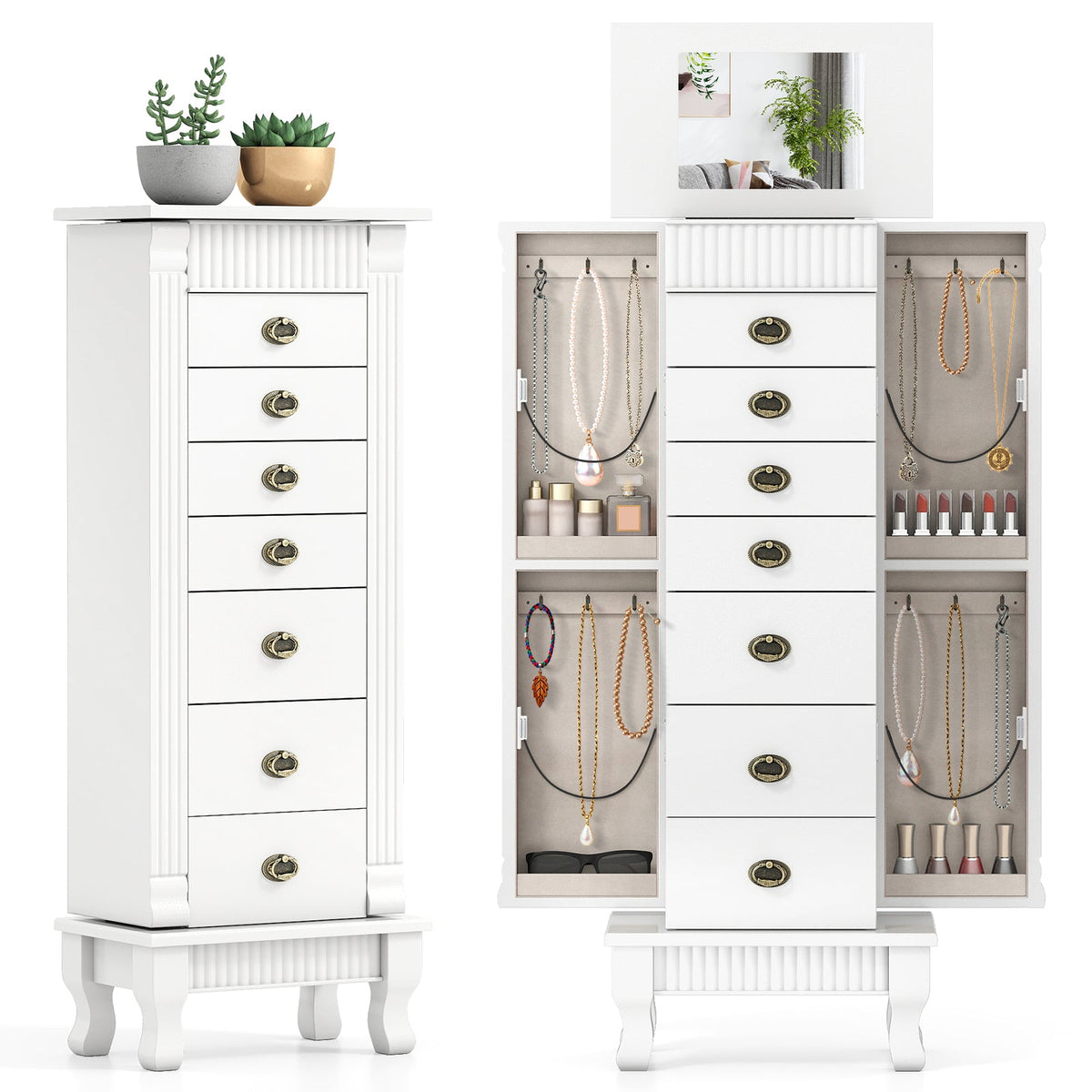Wooden Jewelry Armoire Cabinet Storage Chest with Drawers and Swing Doors