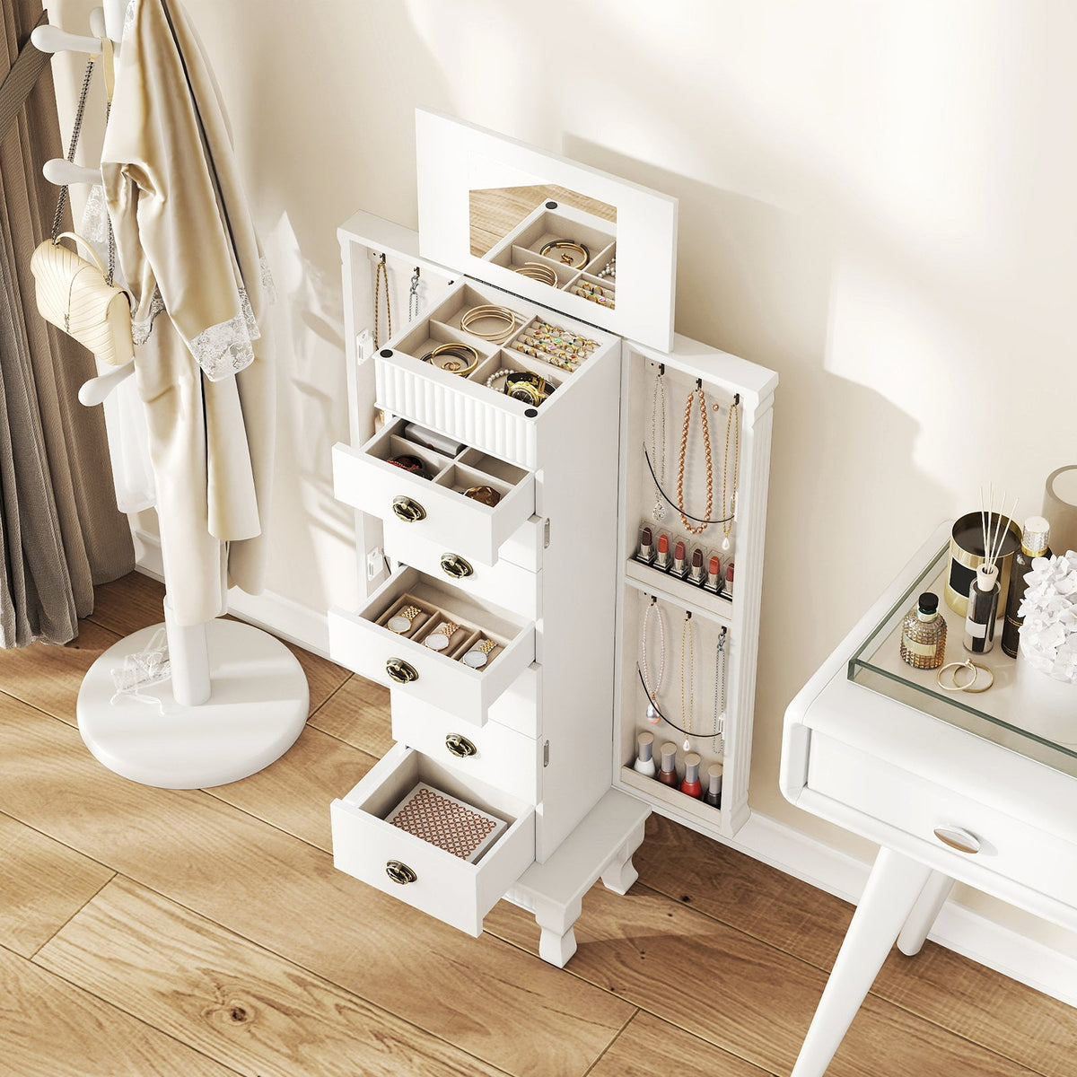 Wooden Jewelry Armoire Cabinet Storage Chest with Drawers and Swing Doors