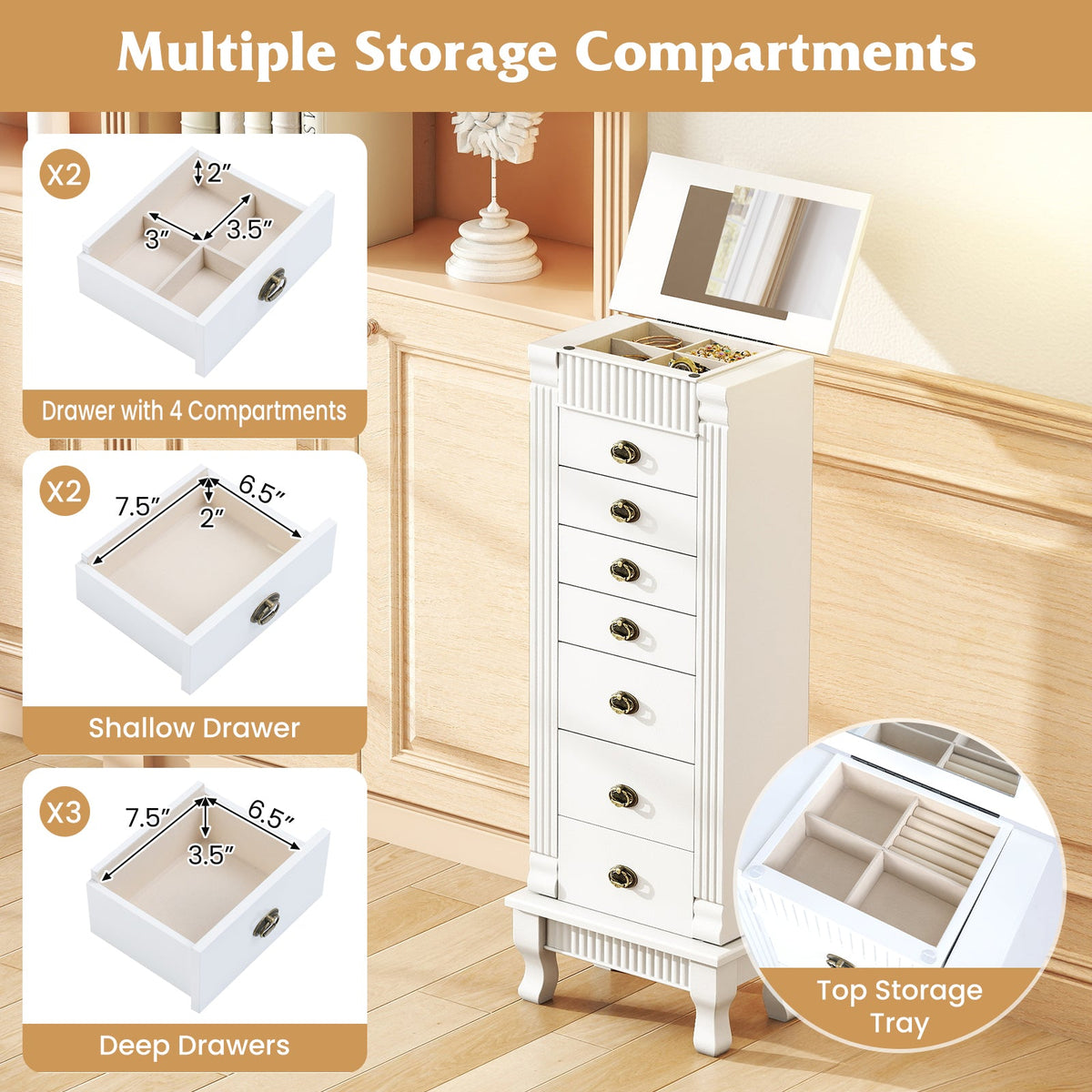 Wooden Jewelry Armoire Cabinet Storage Chest with Drawers and Swing Doors