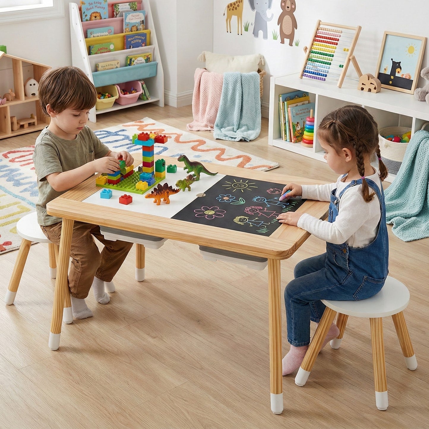 Kids Activity Table Set with Double-Sided Boards and 2 Stools