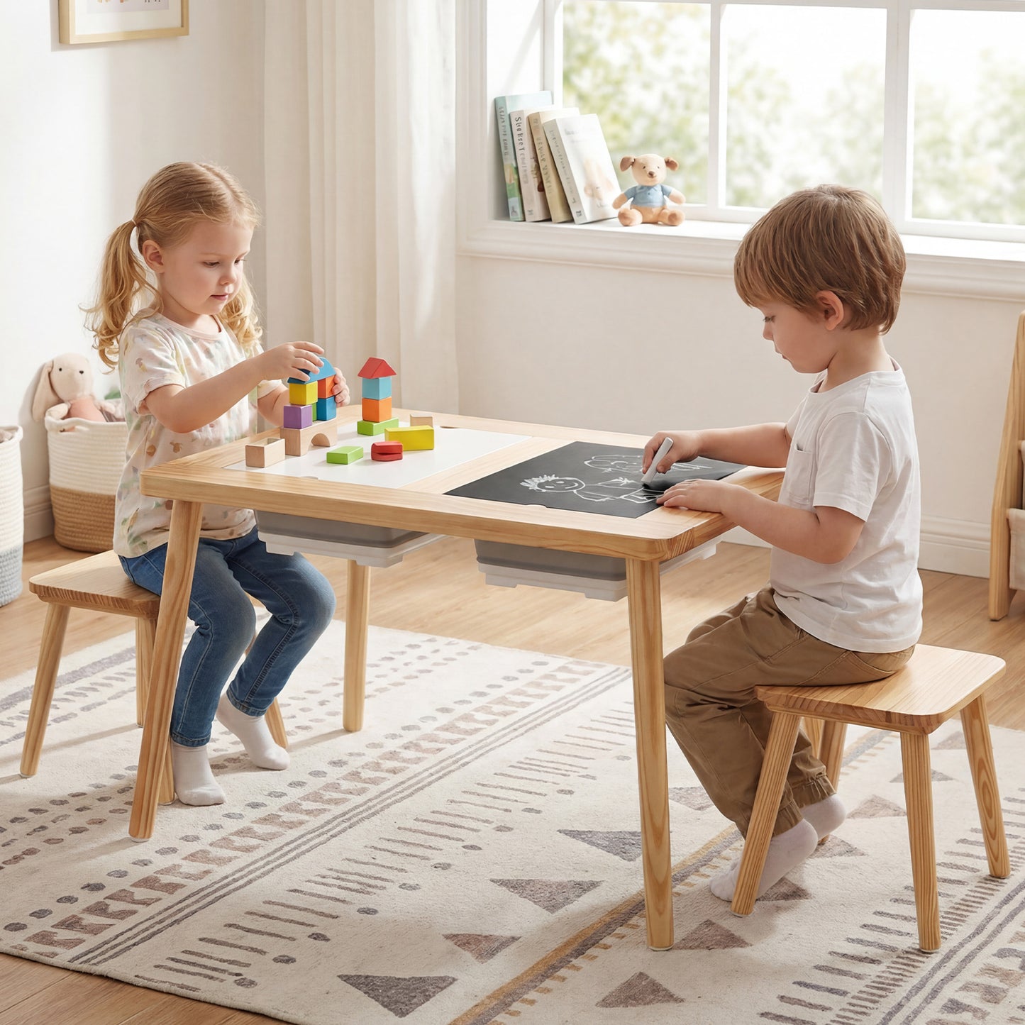 Kids Activity Table Set with 2 Storage Bins and Stools