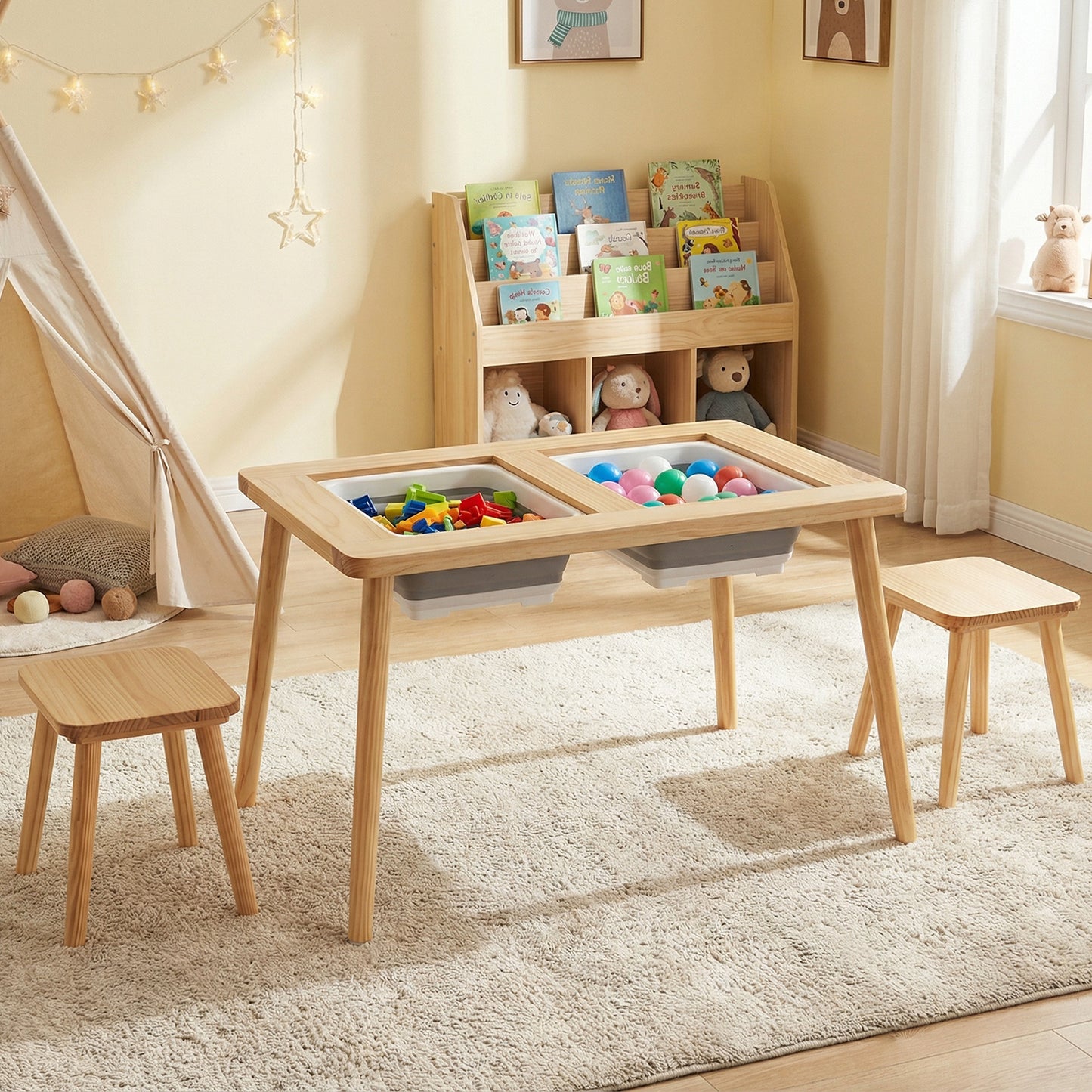 Kids Activity Table Set with 2 Storage Bins and Stools