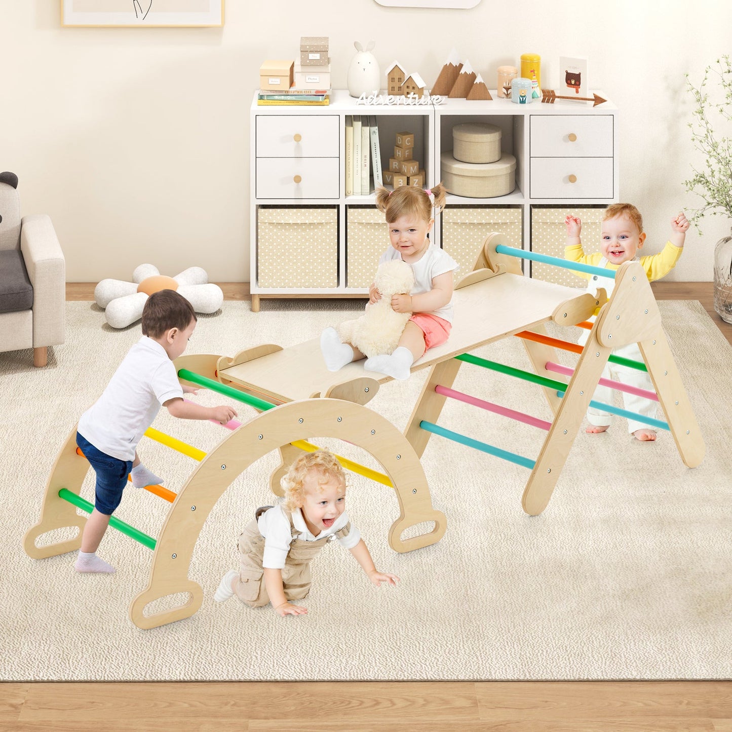 5-in-1 Wooden Kids Climber Toys with Triangle Arch Ramp