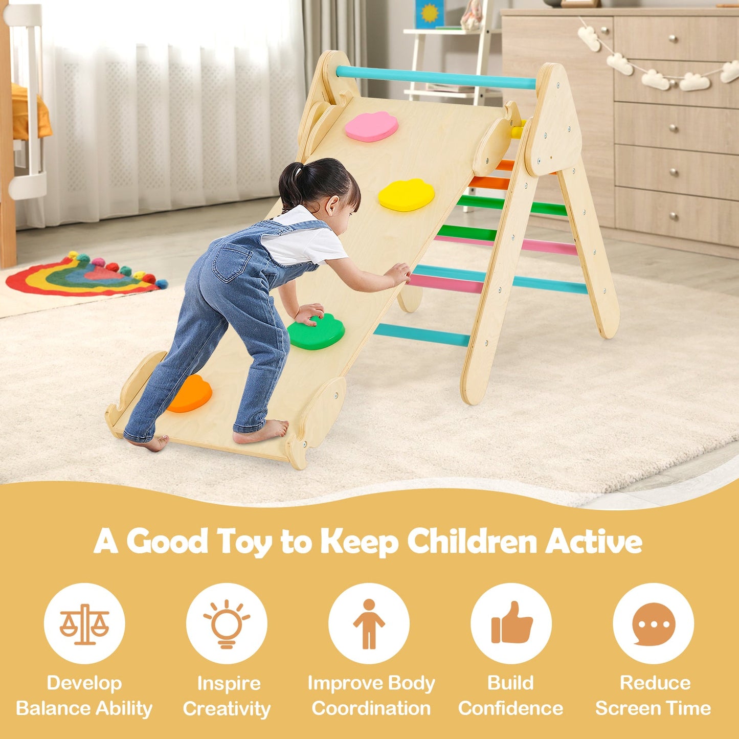 5-in-1 Wooden Kids Climber Toys with Triangle Arch Ramp