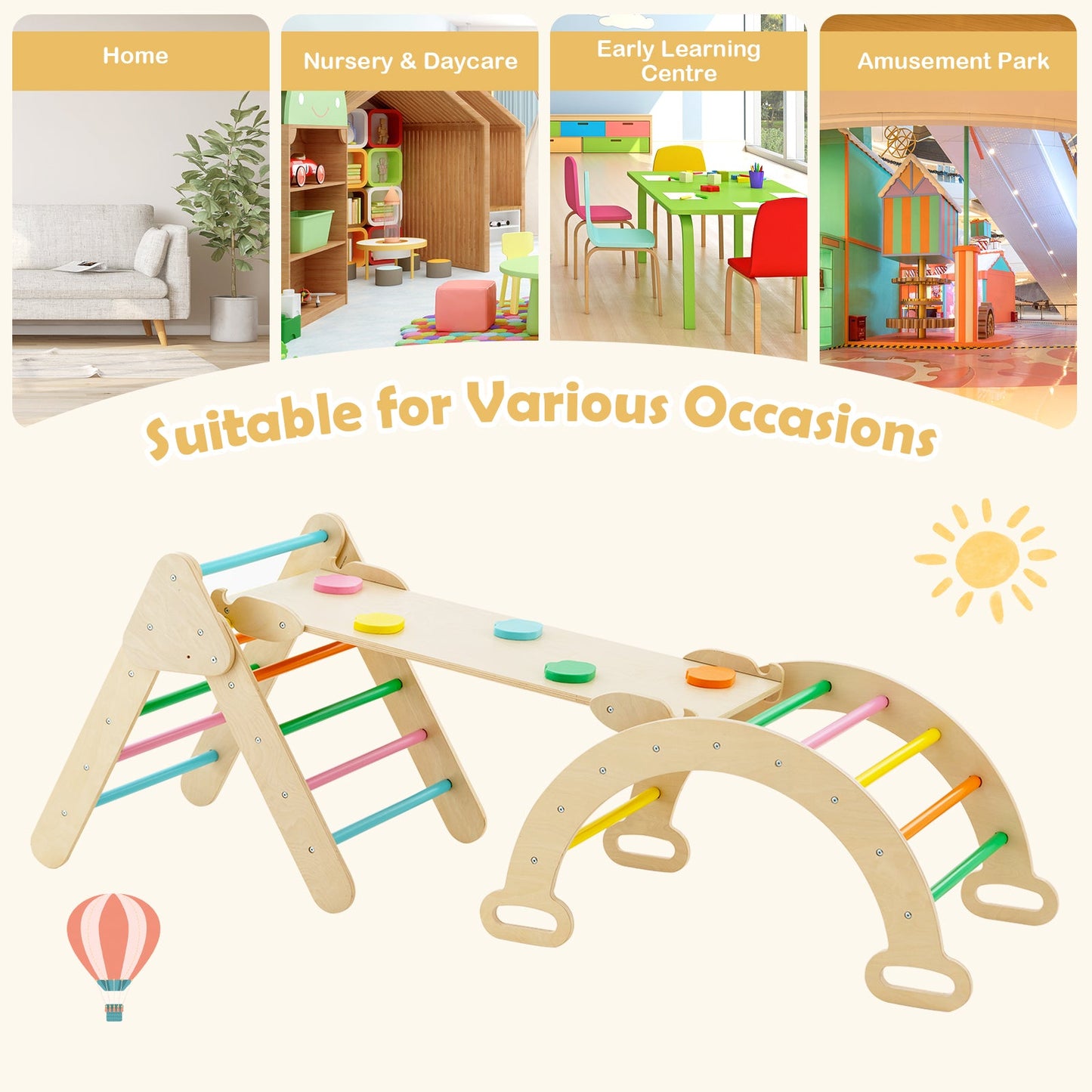 5-in-1 Wooden Kids Climber Toys with Triangle Arch Ramp