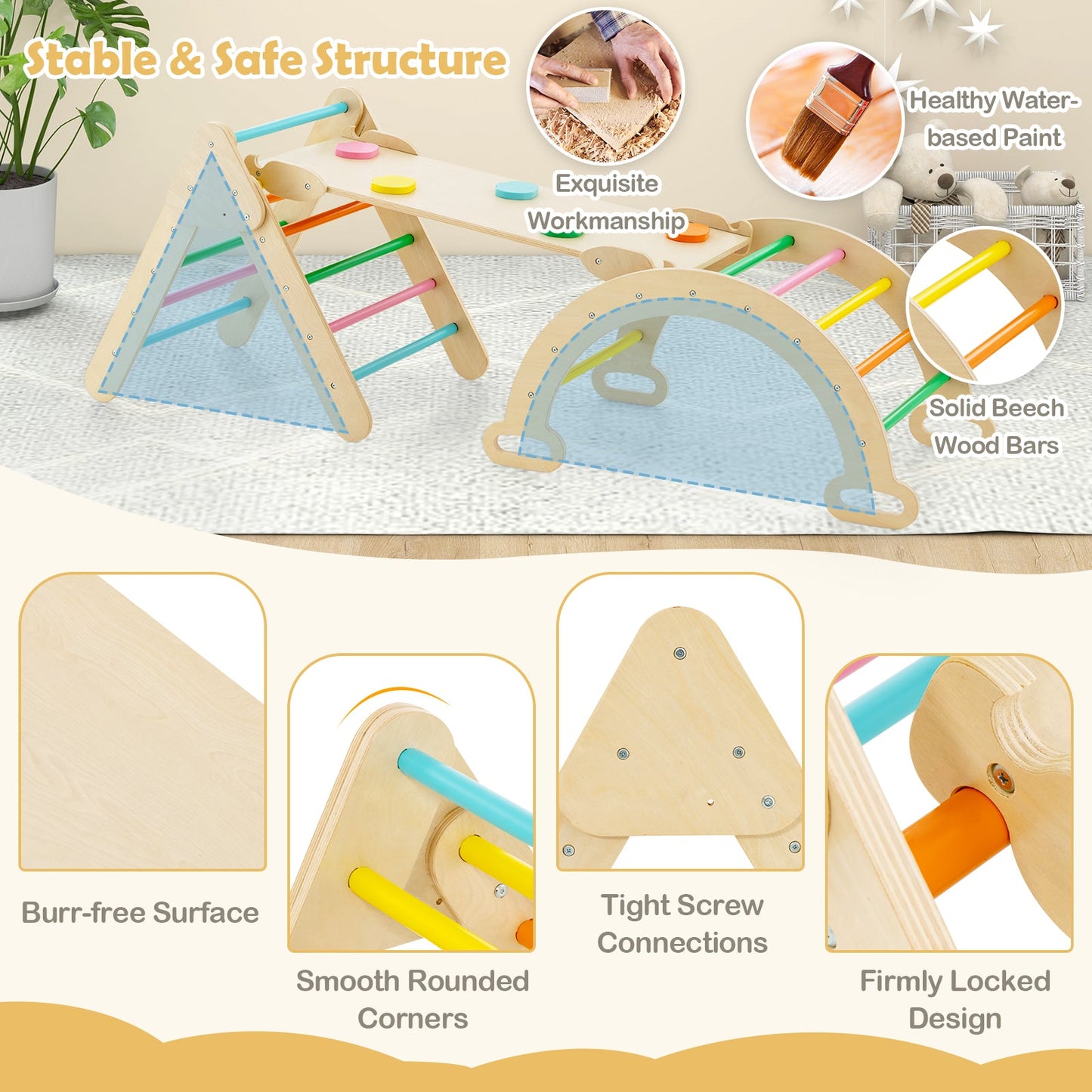 5-in-1 Wooden Kids Climber Toys with Triangle Arch Ramp