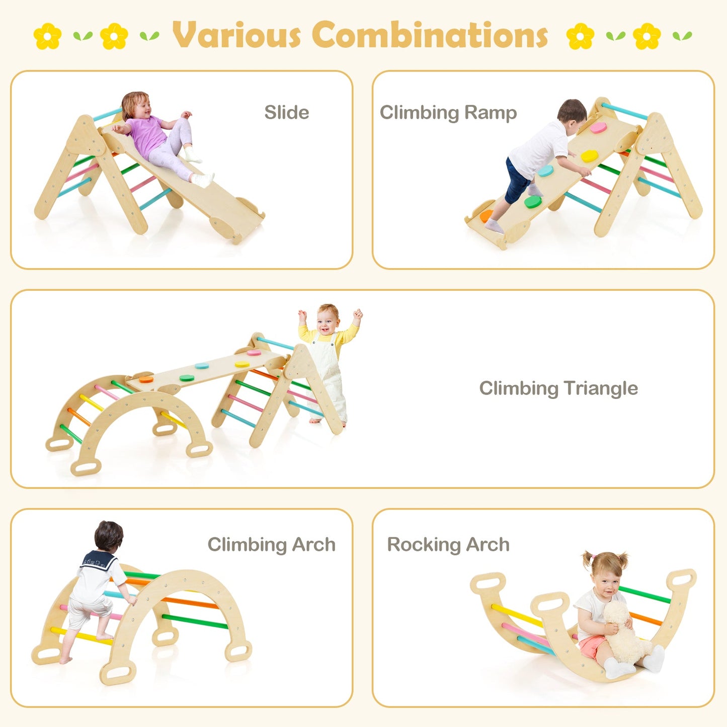 5-in-1 Wooden Kids Climber Toys with Triangle Arch Ramp