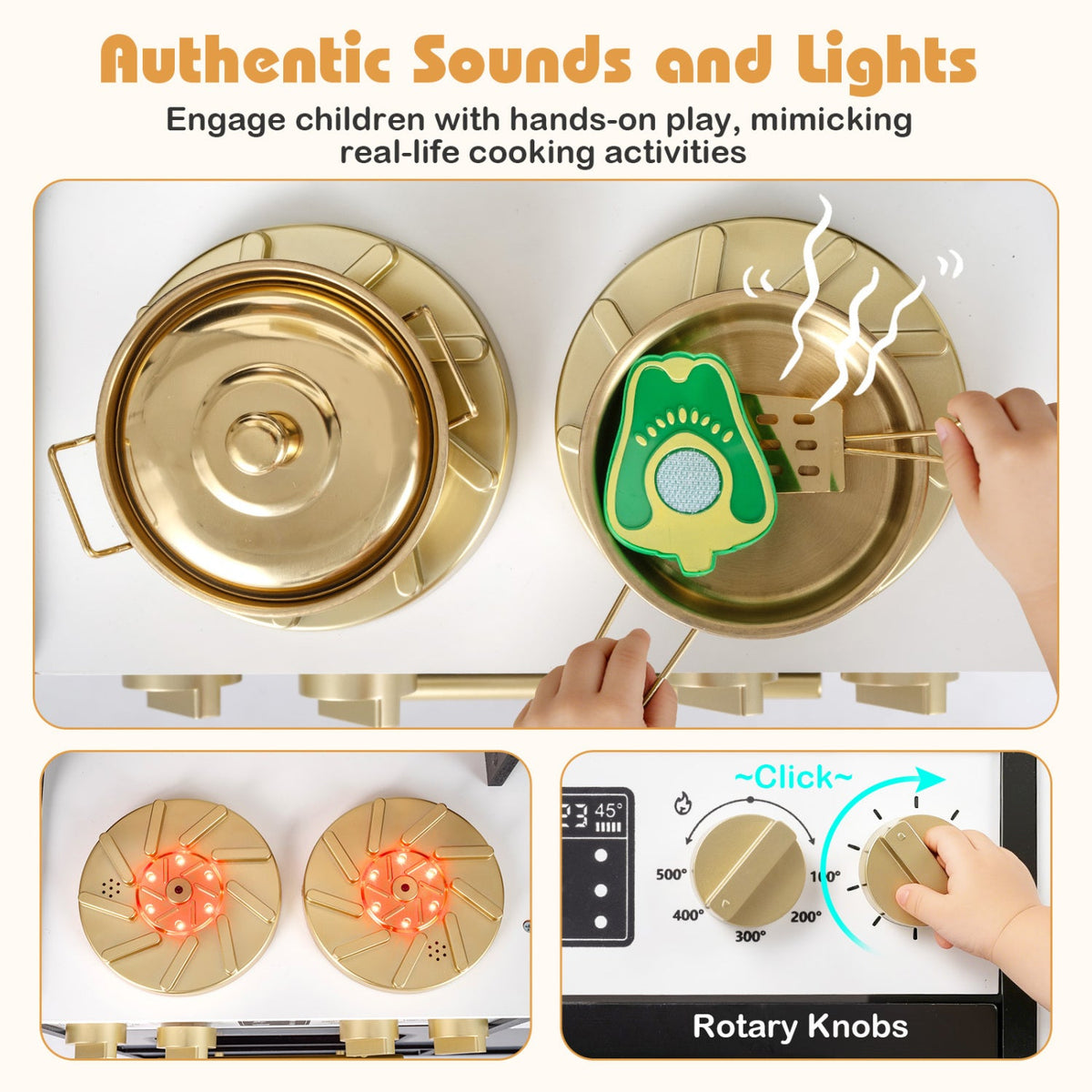 Wooden Kids Kitchen Playset with Realistic Lights and Sounds