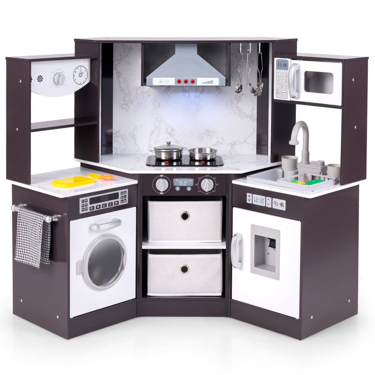 Wooden Kids Play Kitchen Playset with Realistic Lights and Sounds