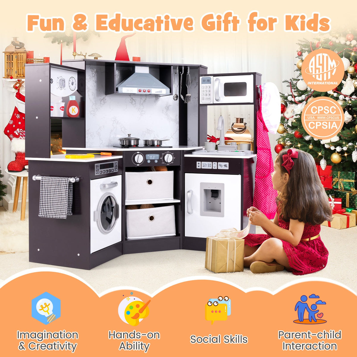 Wooden Kids Play Kitchen Playset with Realistic Lights and Sounds