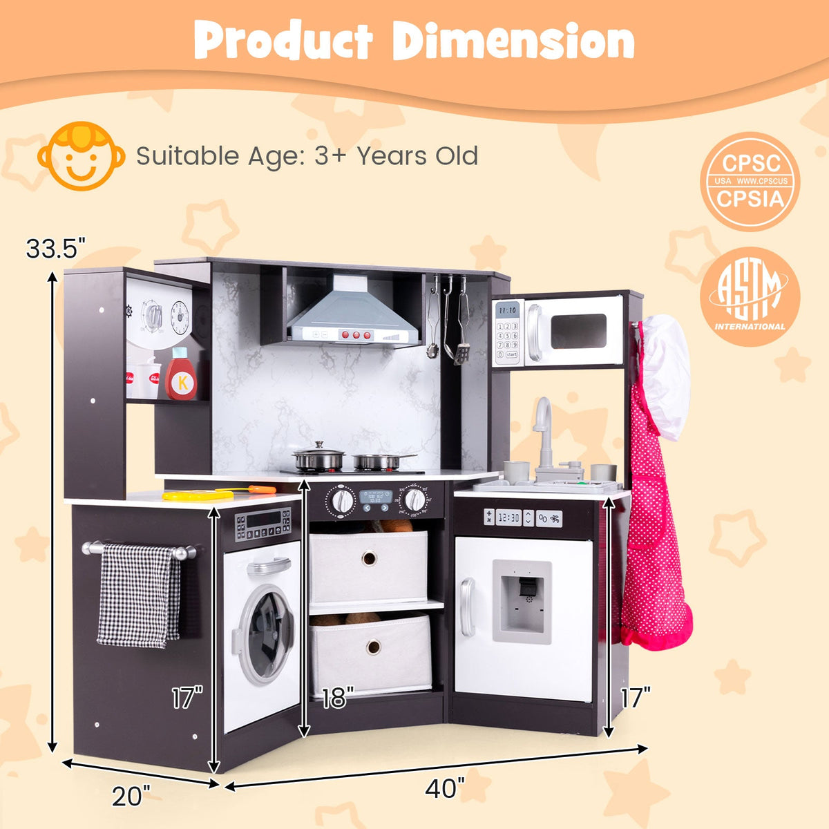 Wooden Kids Play Kitchen Playset with Realistic Lights and Sounds