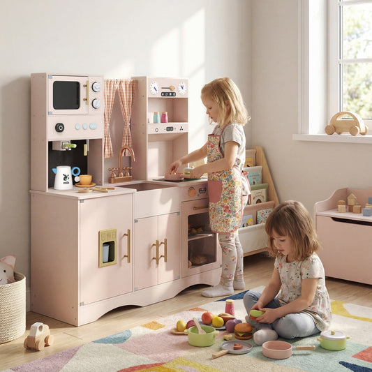 Wooden Play Kitchen Set with Microwave and Coffee Maker
