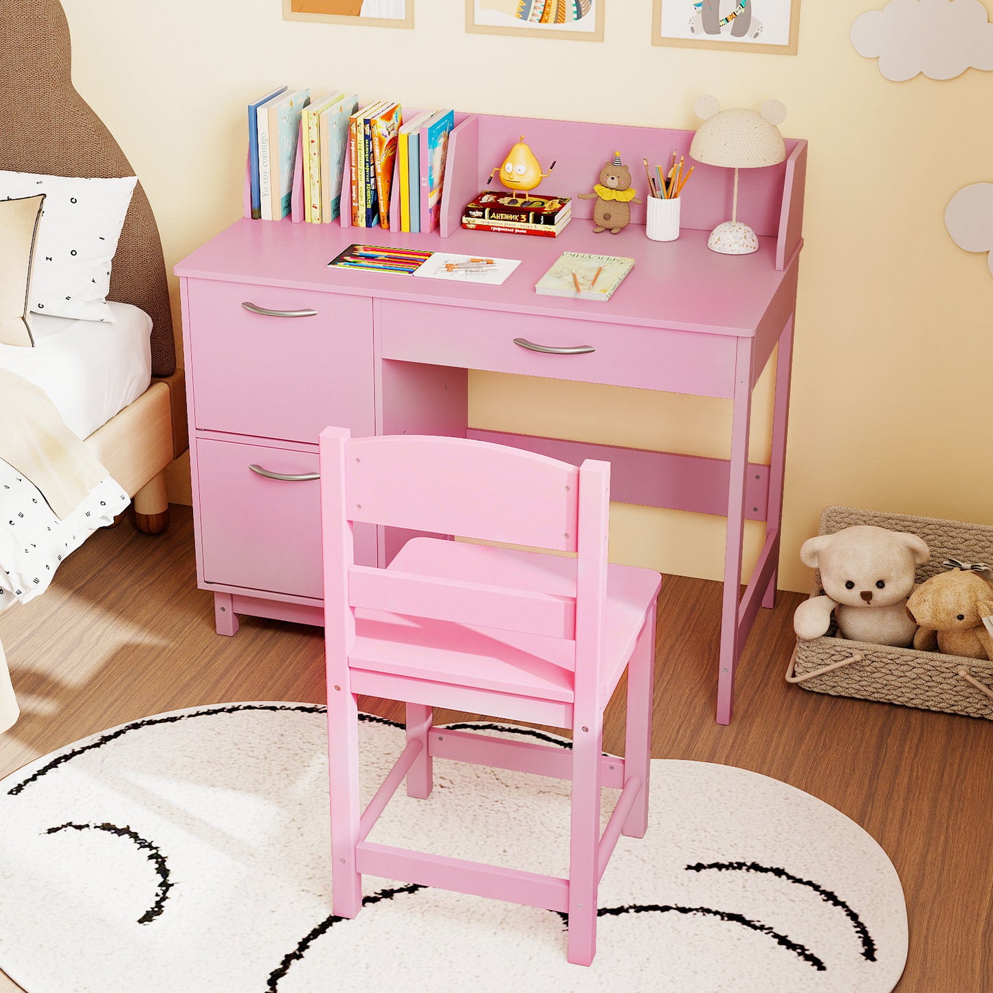 Kids Study Desk and Chair Set with Storage - Solid Wood
