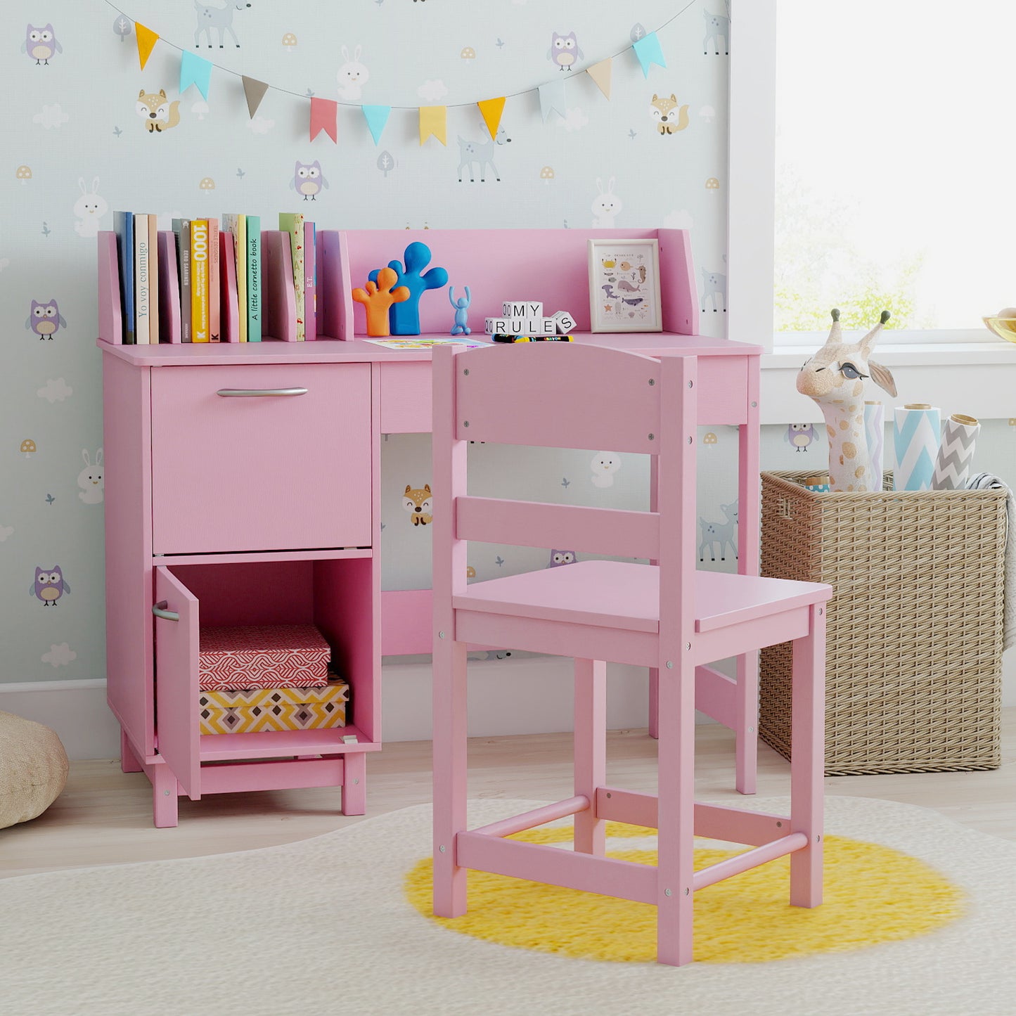 Kids Study Desk and Chair Set with Storage - Solid Wood