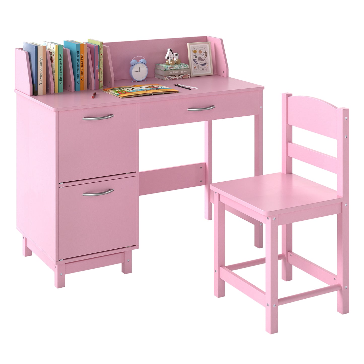 Kids Study Desk and Chair Set with Storage - Solid Wood