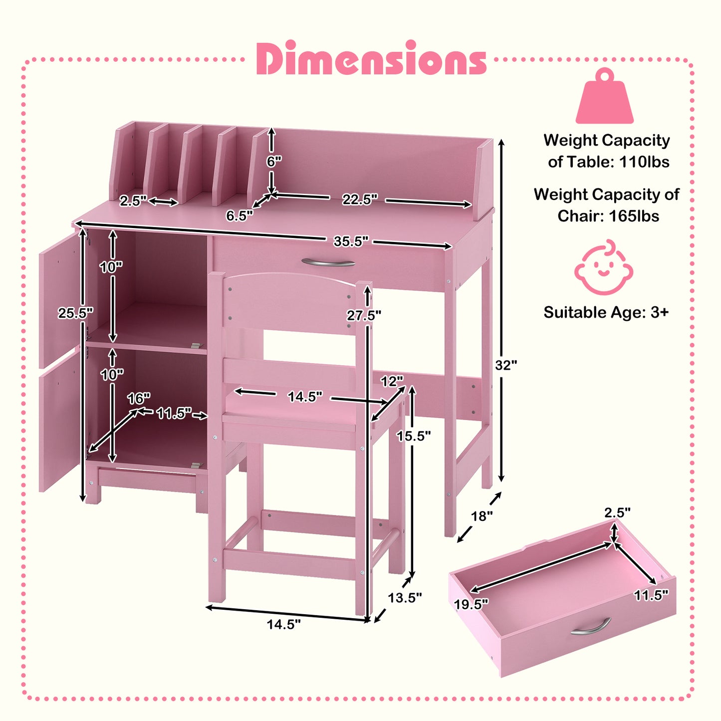 Kids Study Desk and Chair Set with Storage - Solid Wood