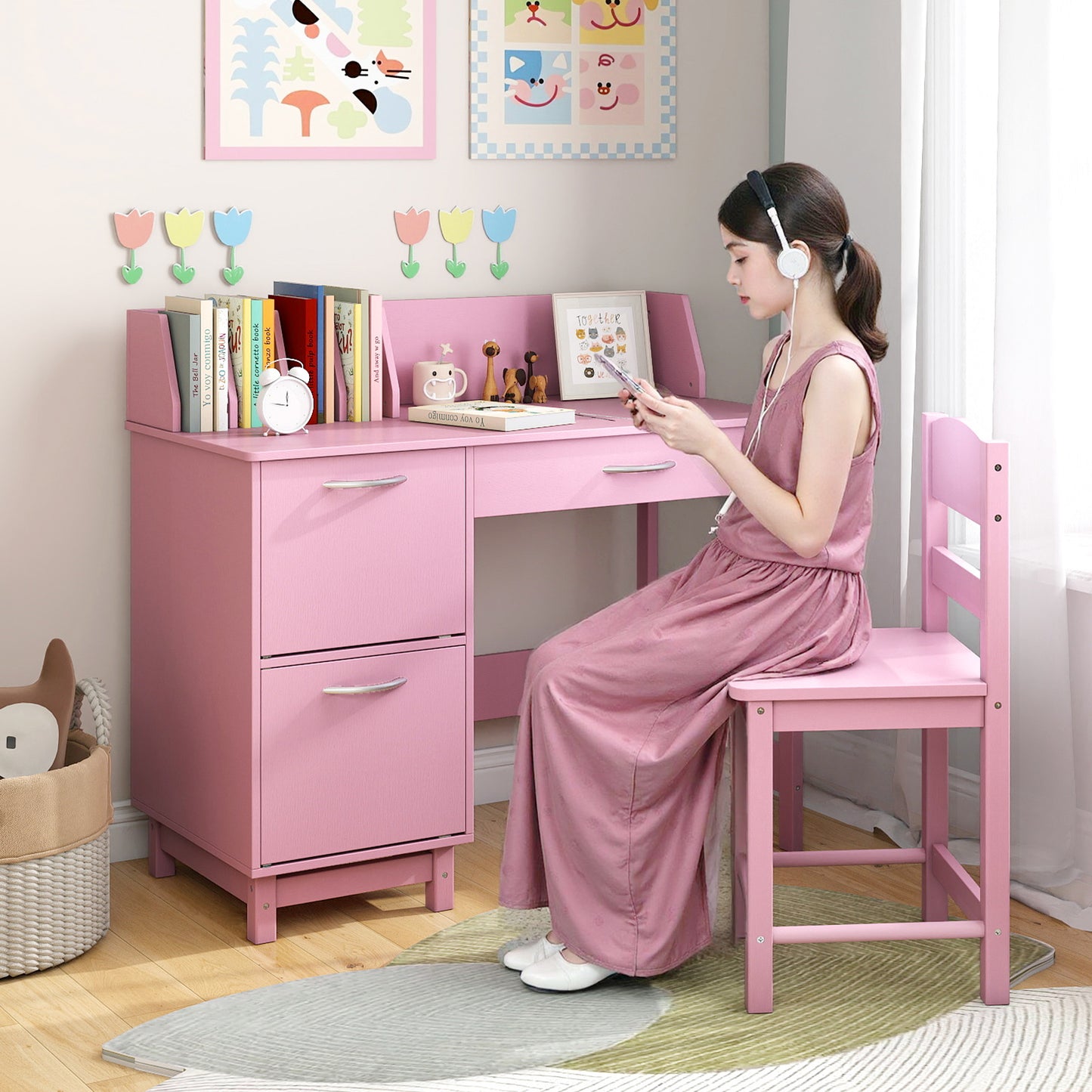 Kids Study Desk and Chair Set with Storage - Solid Wood