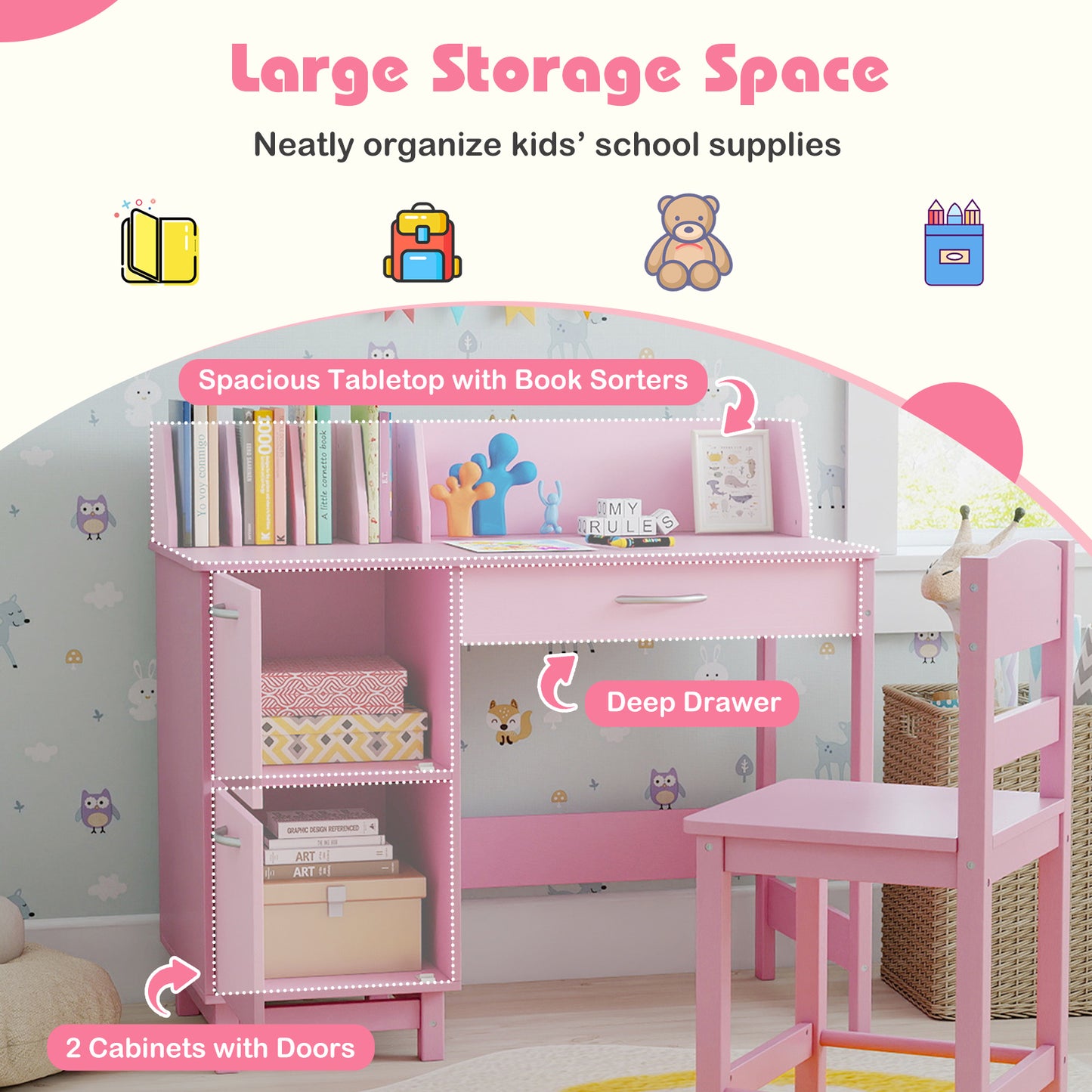 Kids Study Desk and Chair Set with Storage - Solid Wood