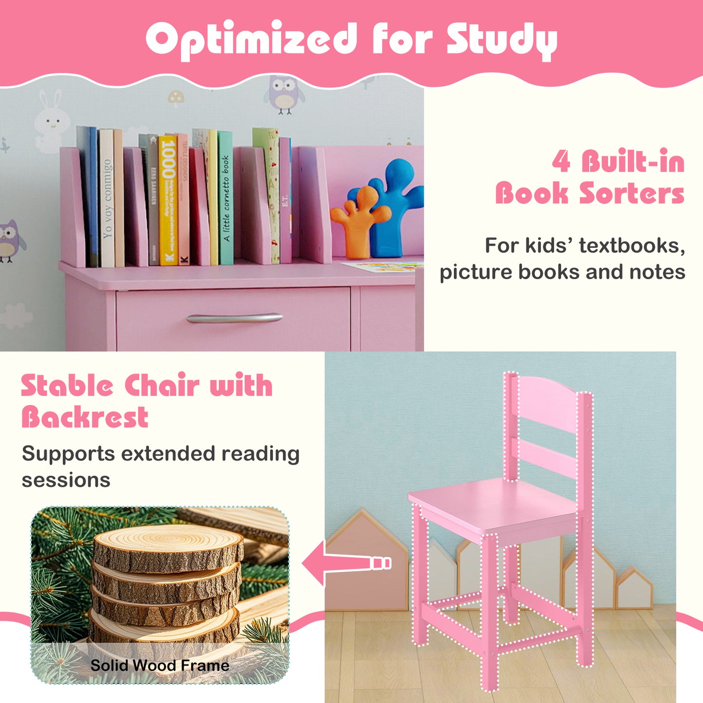 Kids Study Desk and Chair Set with Storage - Solid Wood