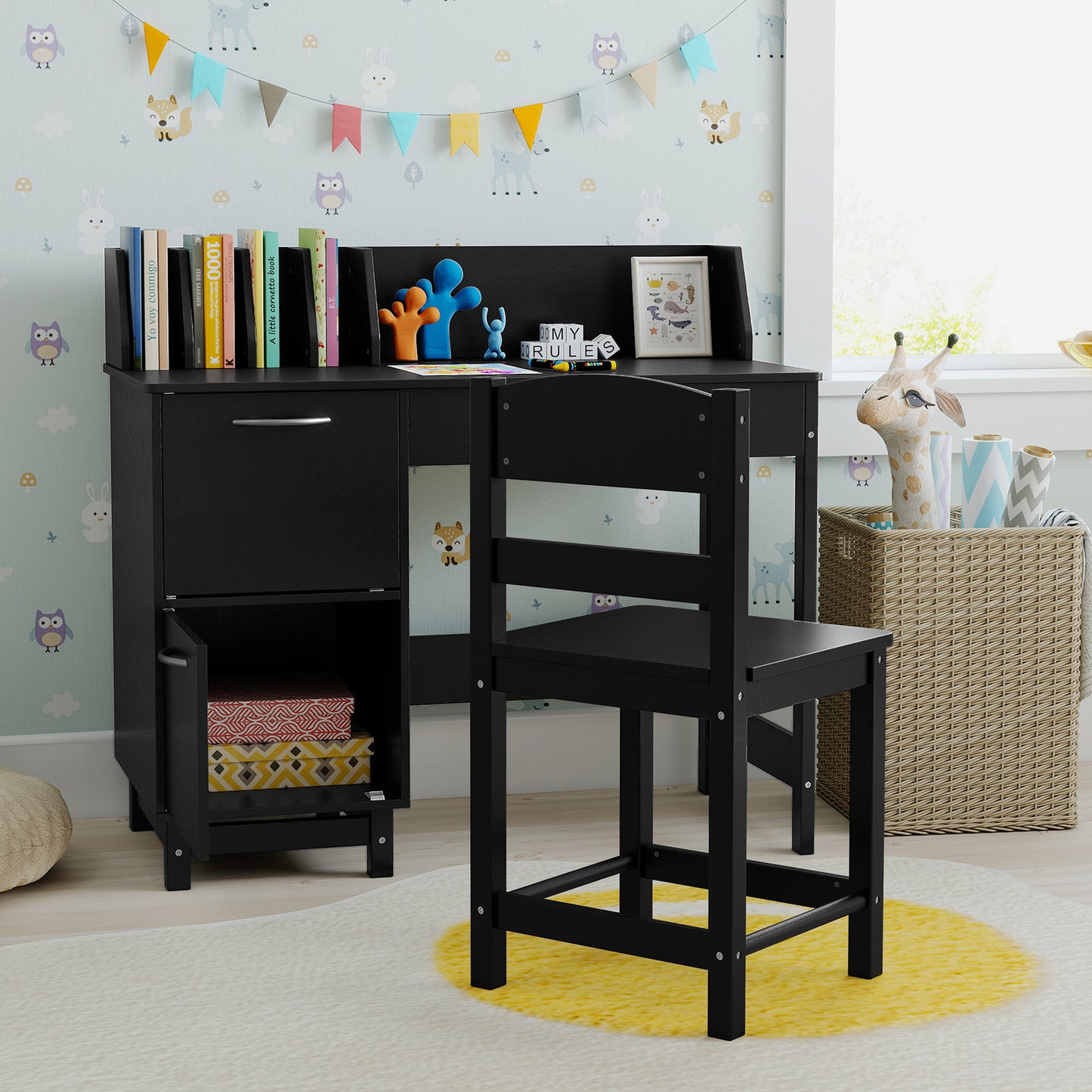 Kids Study Desk and Chair Set with Storage - Solid Wood