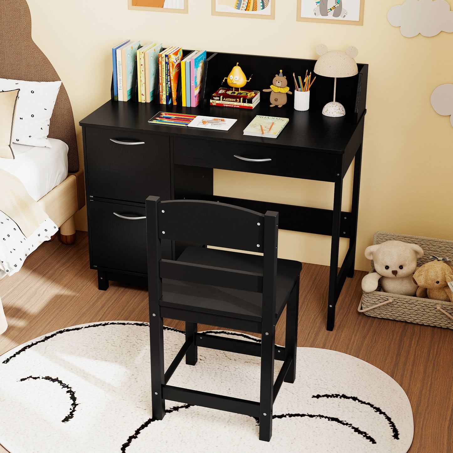 Kids Study Desk and Chair Set with Storage - Solid Wood