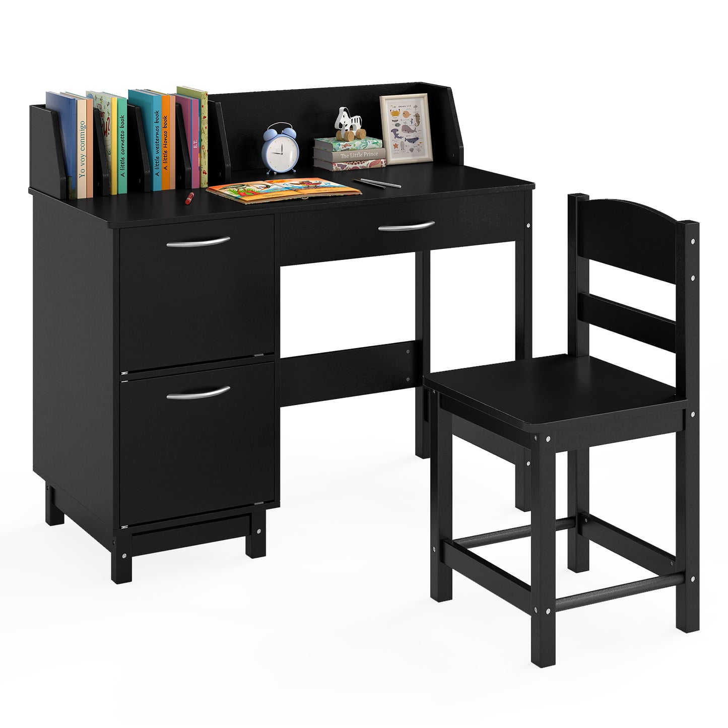 Kids Study Desk and Chair Set with Storage - Solid Wood