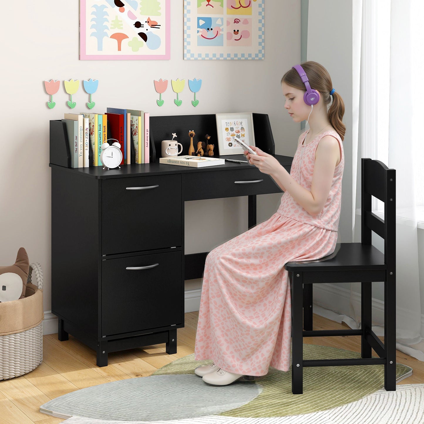Kids Study Desk and Chair Set with Storage - Solid Wood