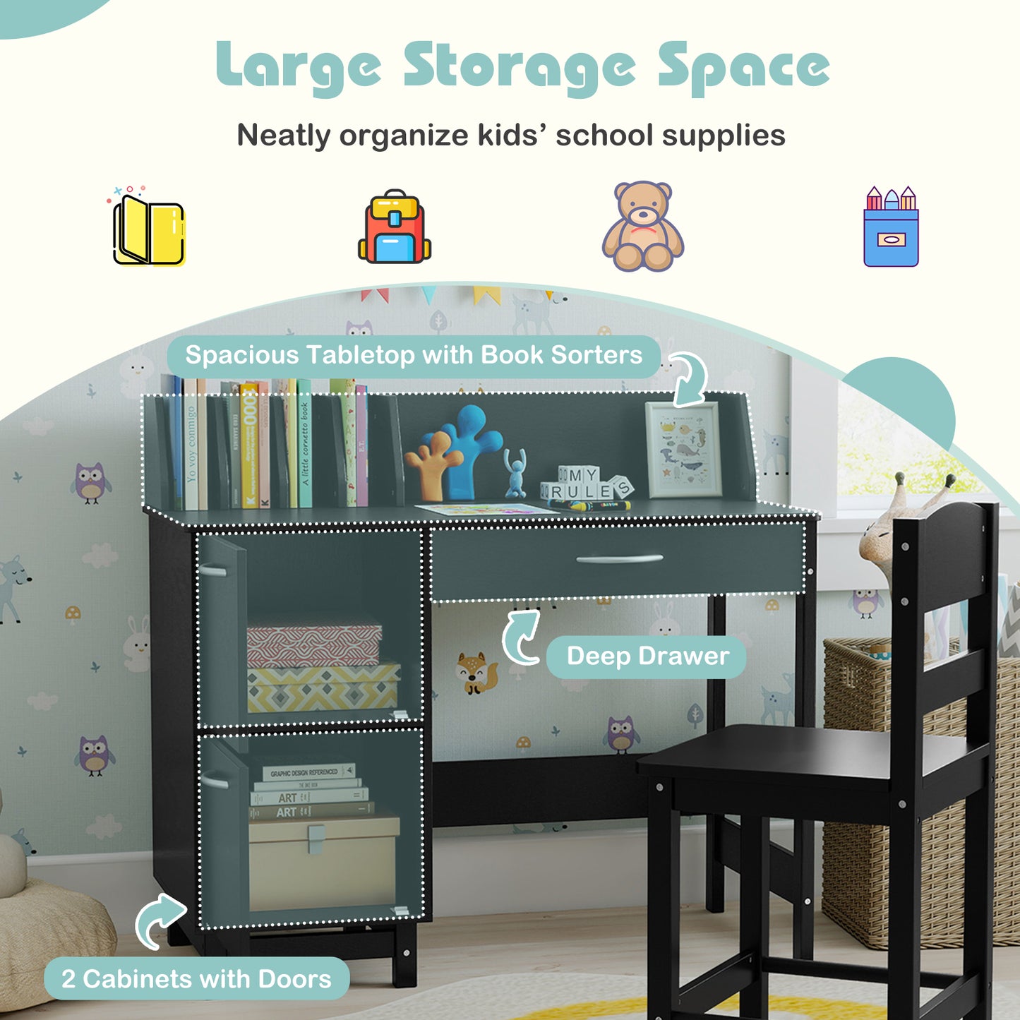 Kids Study Desk and Chair Set with Storage - Solid Wood