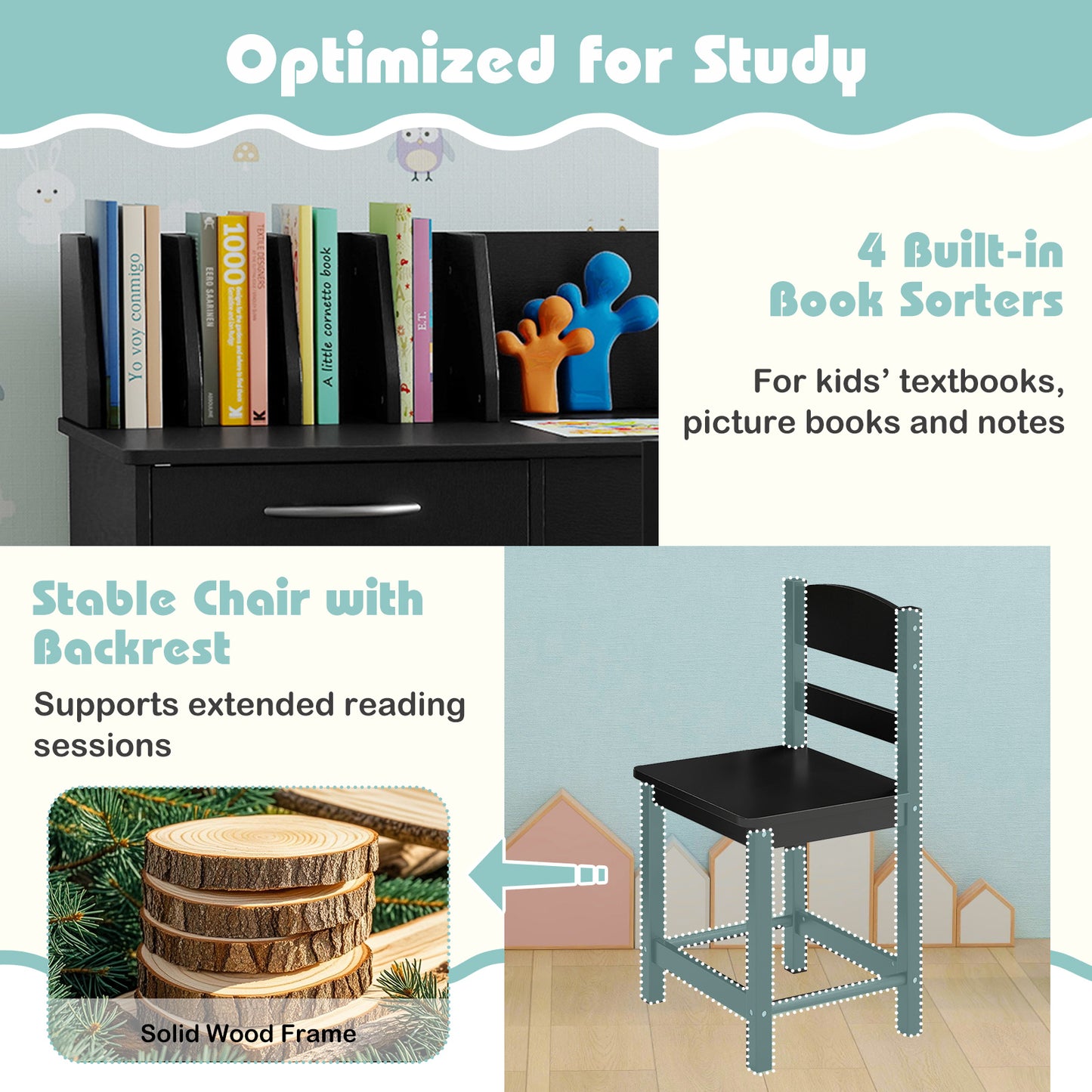 Kids Study Desk and Chair Set with Storage - Solid Wood
