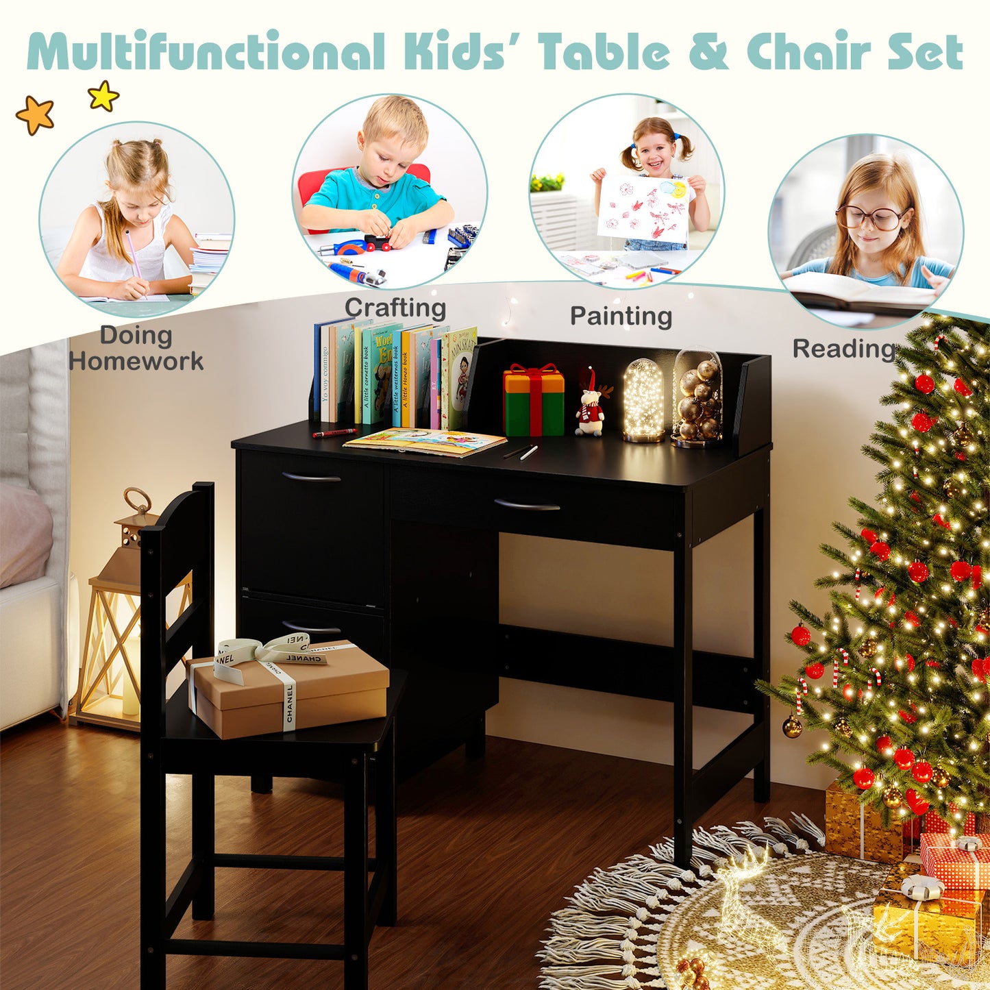 Kids Study Desk and Chair Set with Storage - Solid Wood