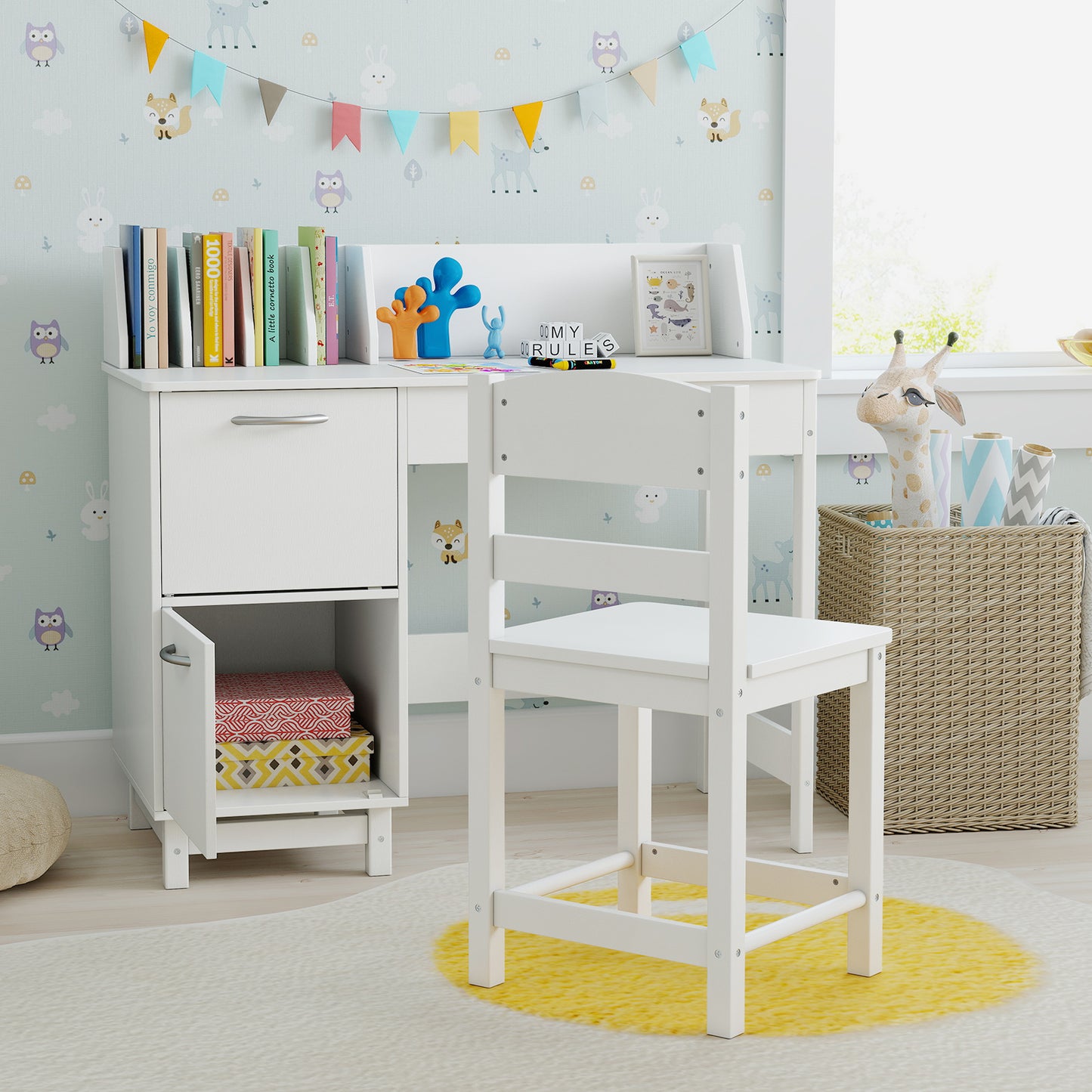 Kids Study Desk and Chair Set with Storage - Solid Wood
