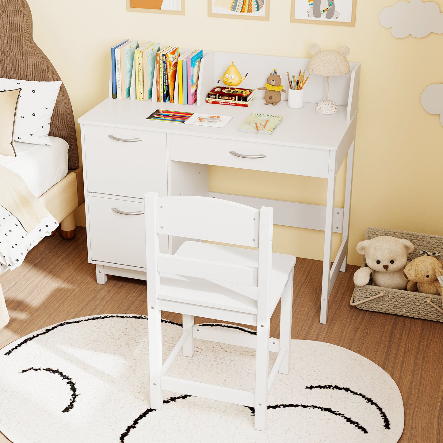 Kids Study Desk and Chair Set with Storage - Solid Wood