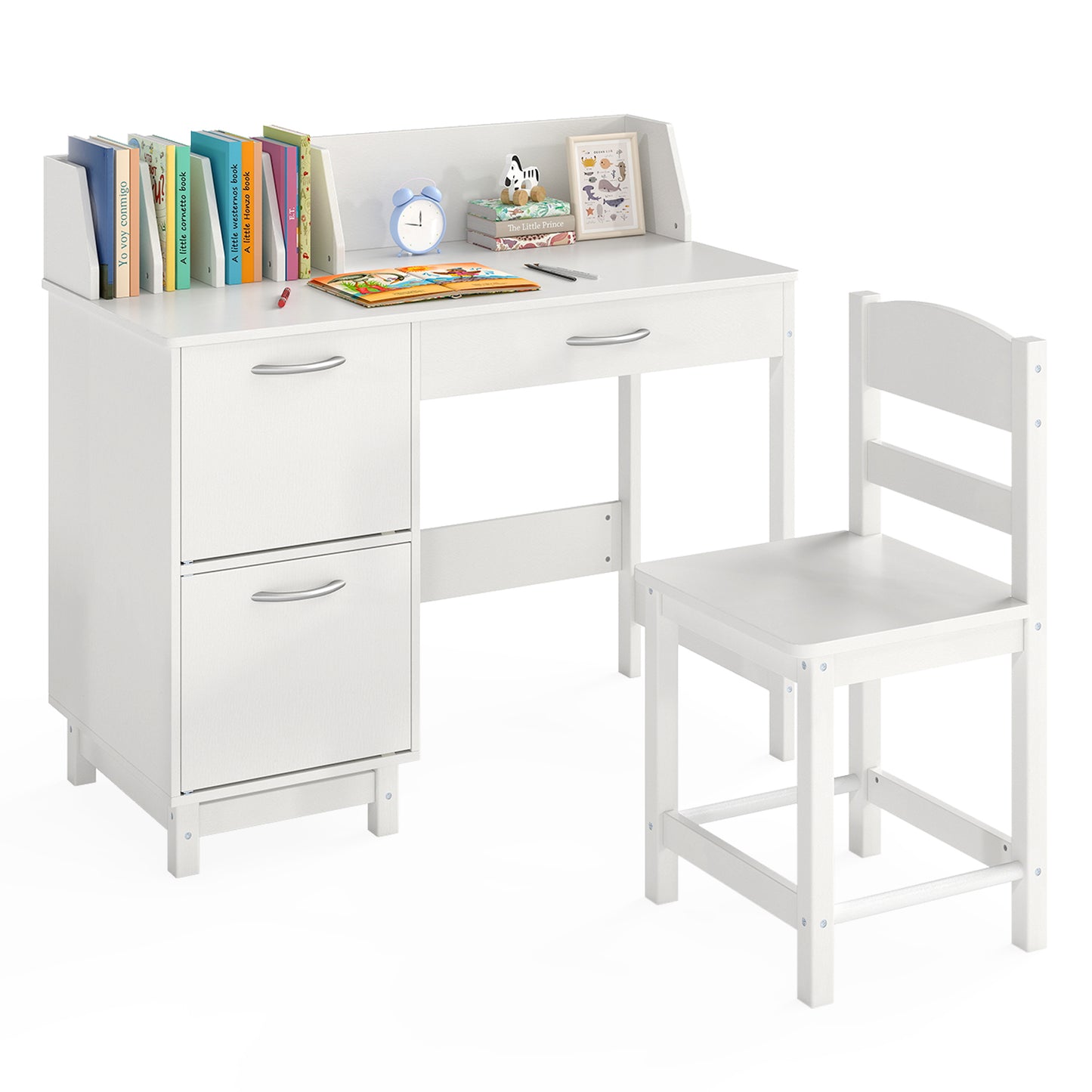 Kids Study Desk and Chair Set with Storage - Solid Wood