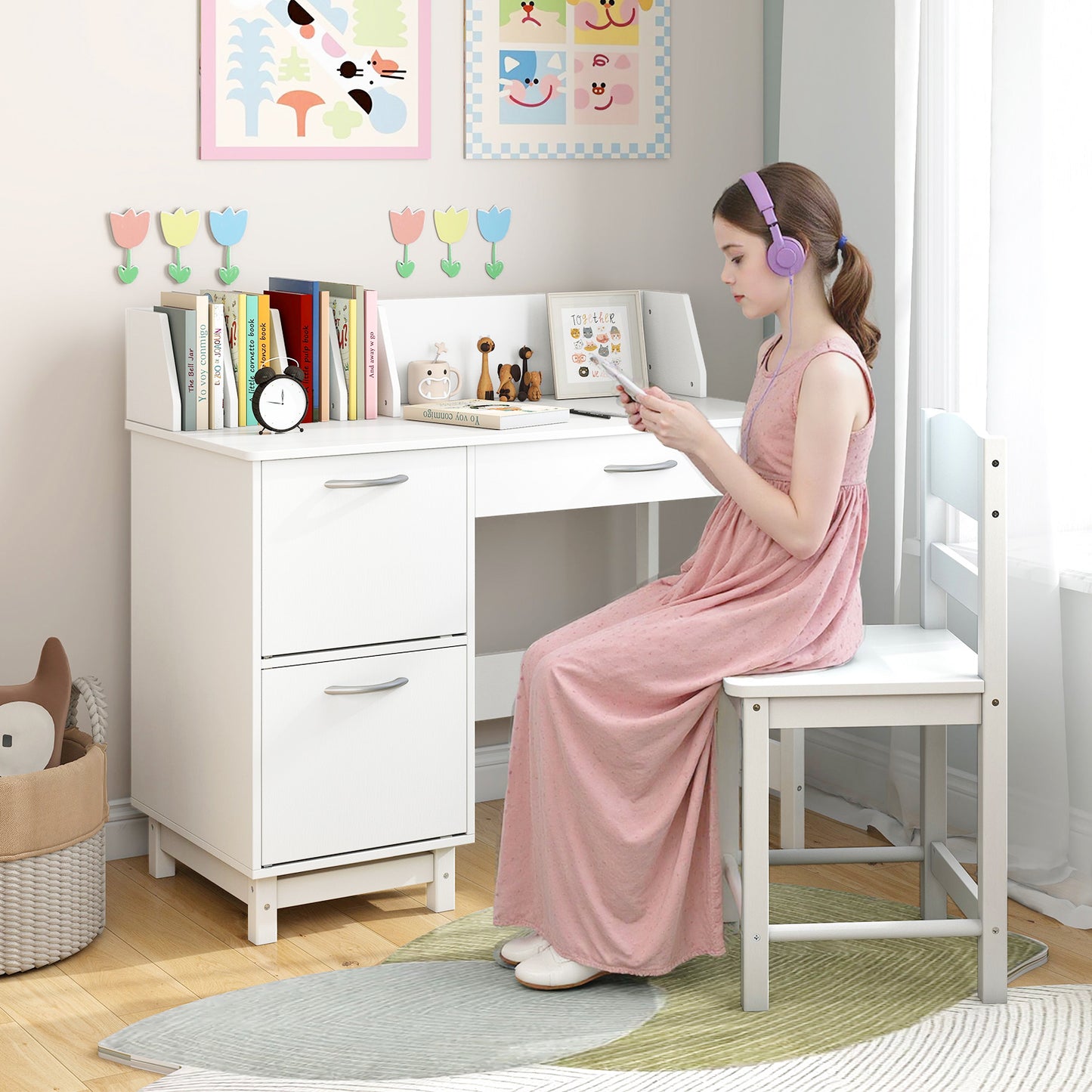 Kids Study Desk and Chair Set with Storage - Solid Wood