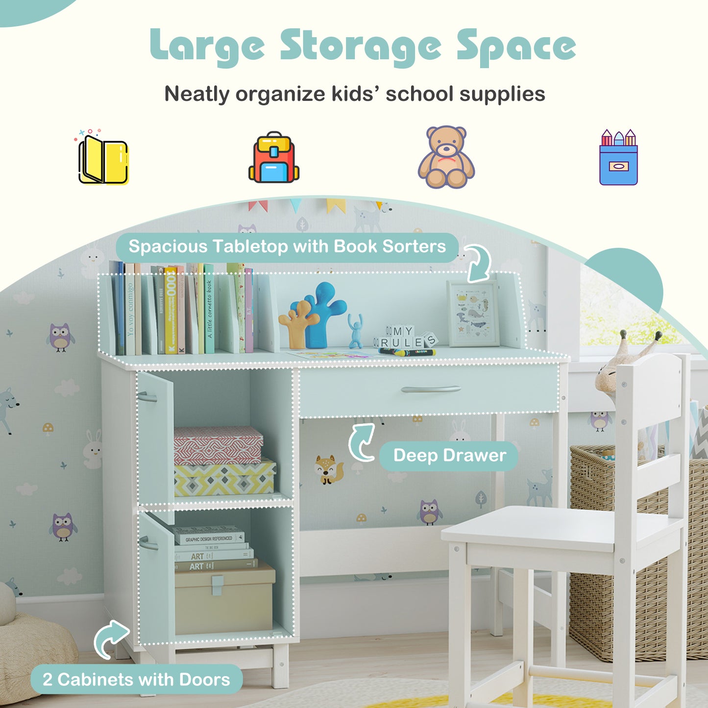 Kids Study Desk and Chair Set with Storage - Solid Wood