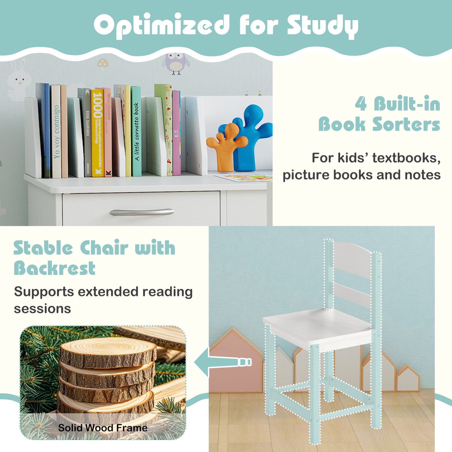 Kids Study Desk and Chair Set with Storage - Solid Wood