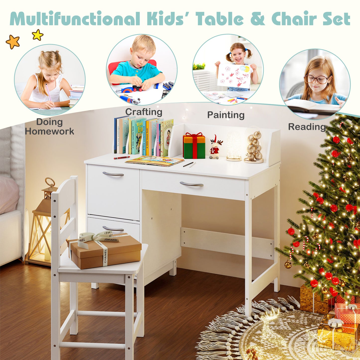 Kids Study Desk and Chair Set with Storage - Solid Wood