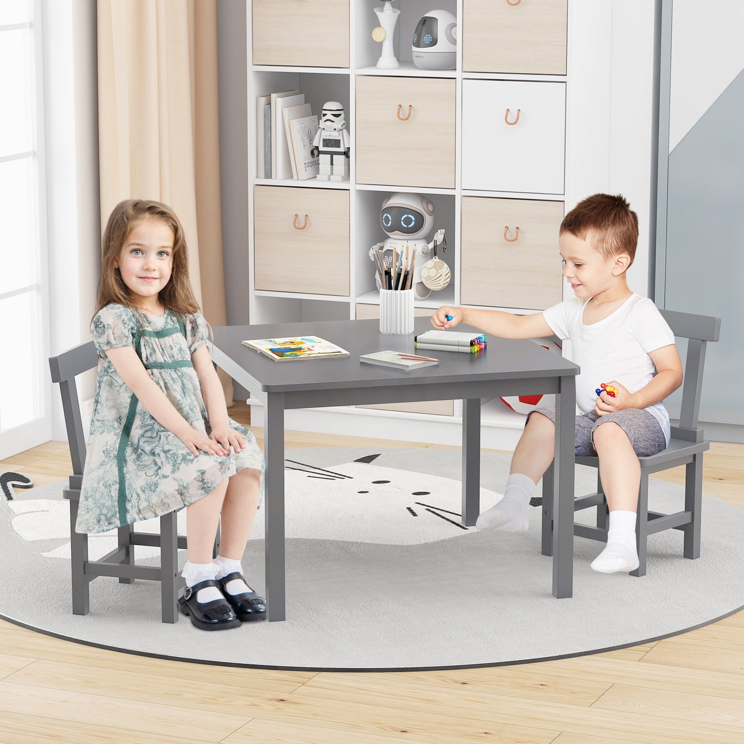 Kids Table and 2 Chairs Set - Solid Wood Construction