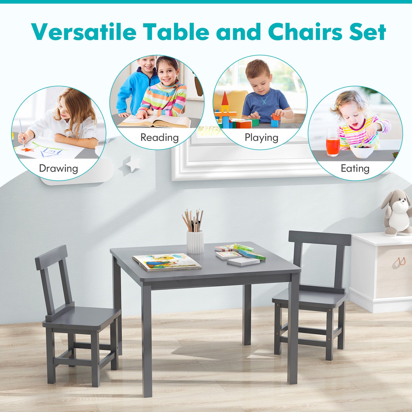 Kids Table and 2 Chairs Set - Solid Wood Construction