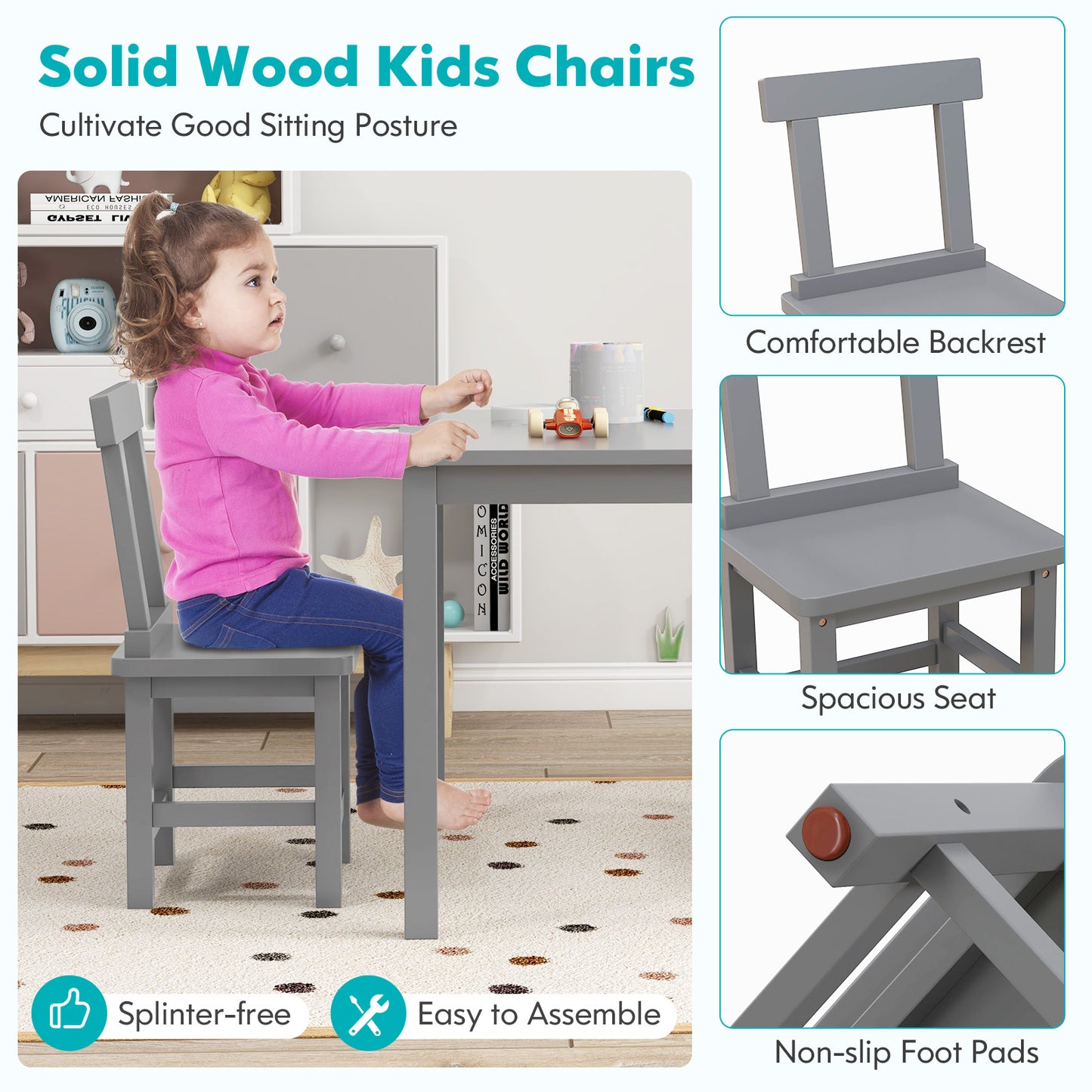 Kids Table and 2 Chairs Set - Solid Wood Construction