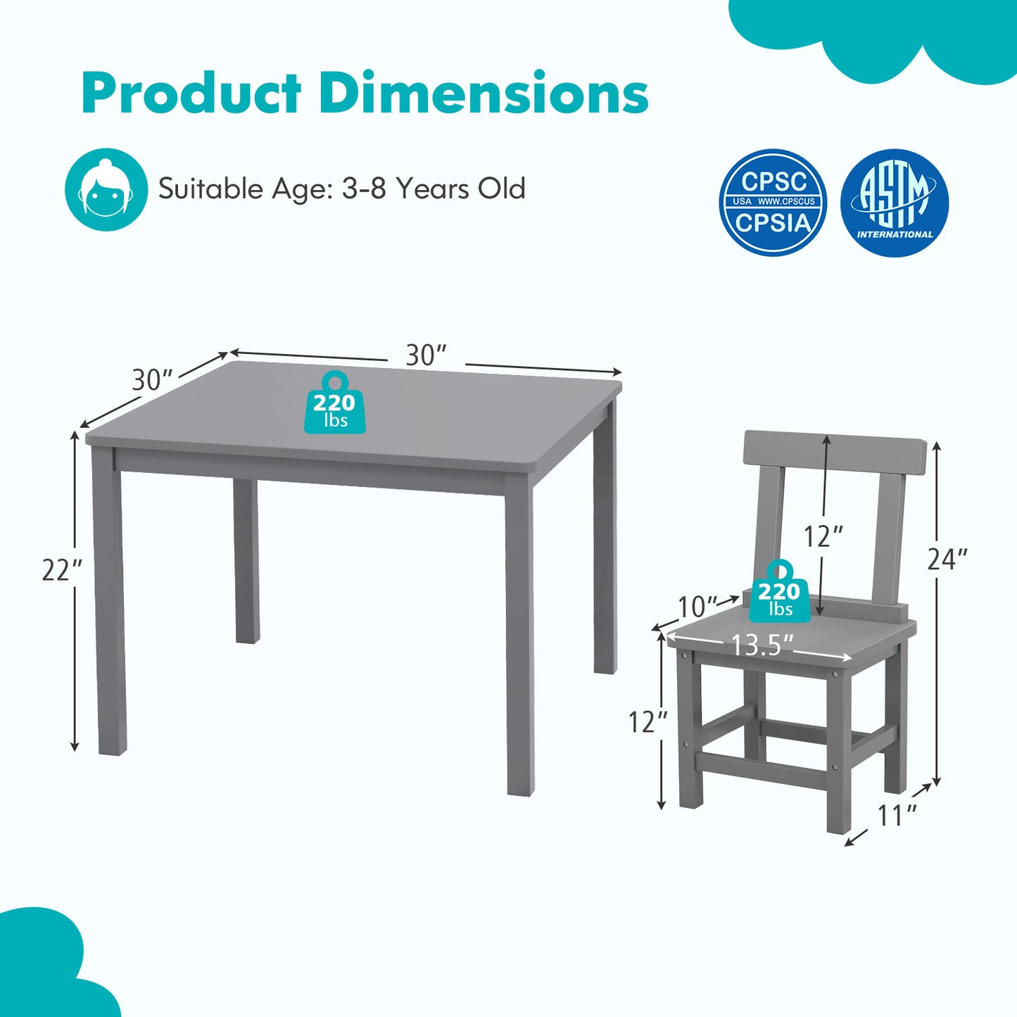 Kids Table and 2 Chairs Set - Solid Wood Construction
