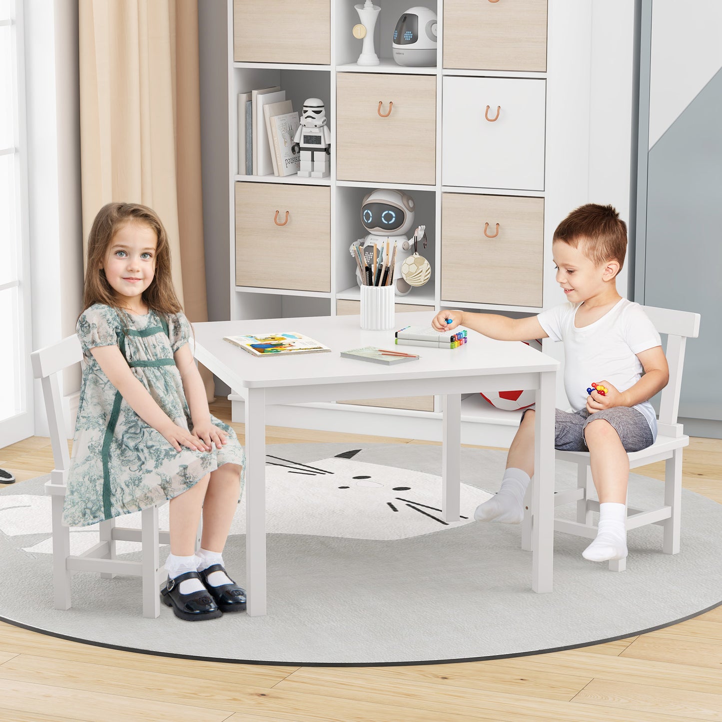 Kids Table and 2 Chairs Set - Solid Wood Construction