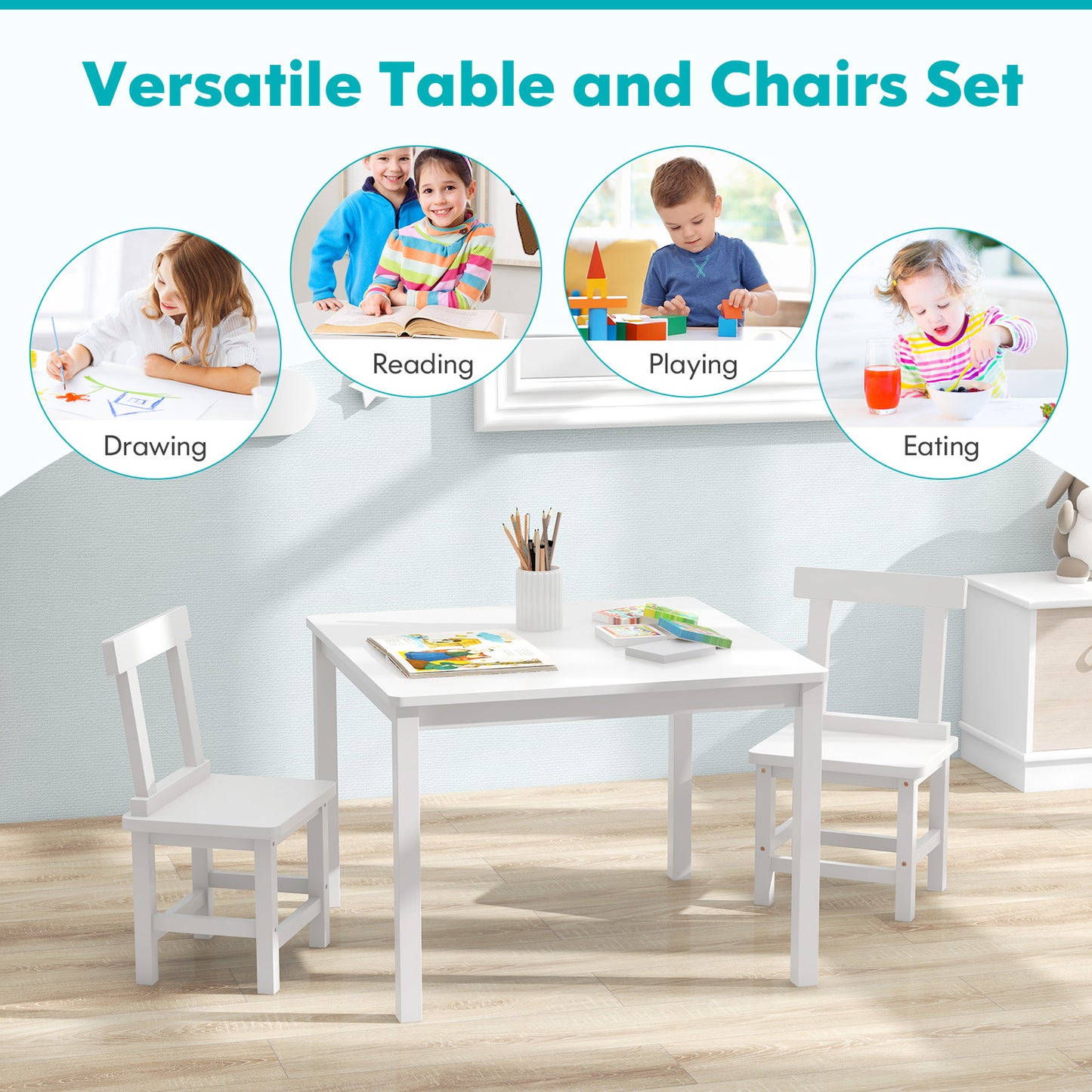 Kids Table and 2 Chairs Set - Solid Wood Construction