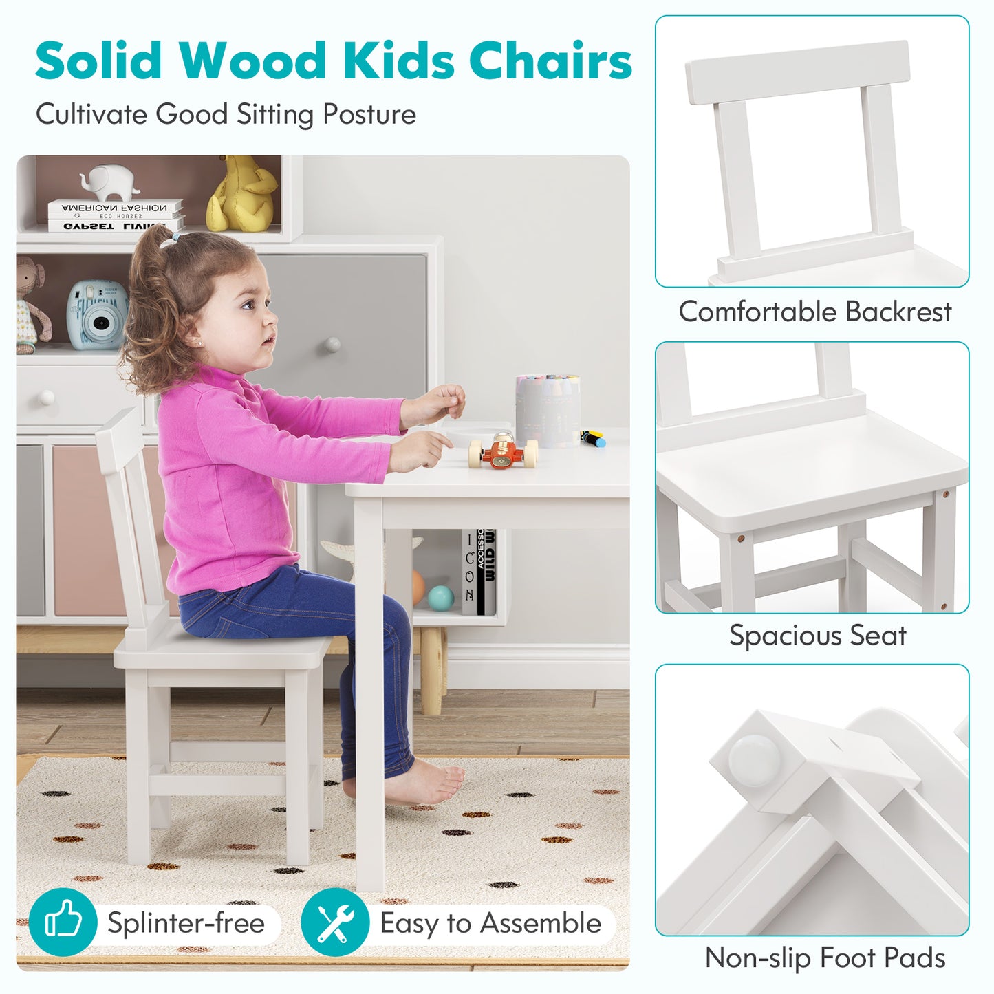 Kids Table and 2 Chairs Set - Solid Wood Construction