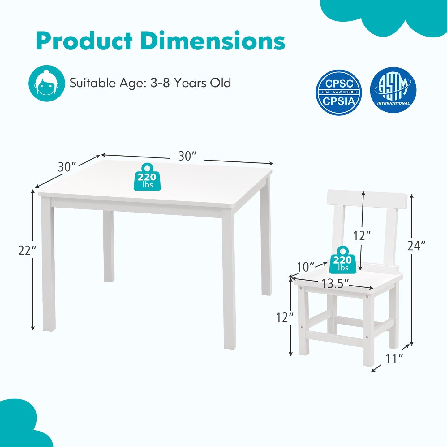 Kids Table and 2 Chairs Set - Solid Wood Construction