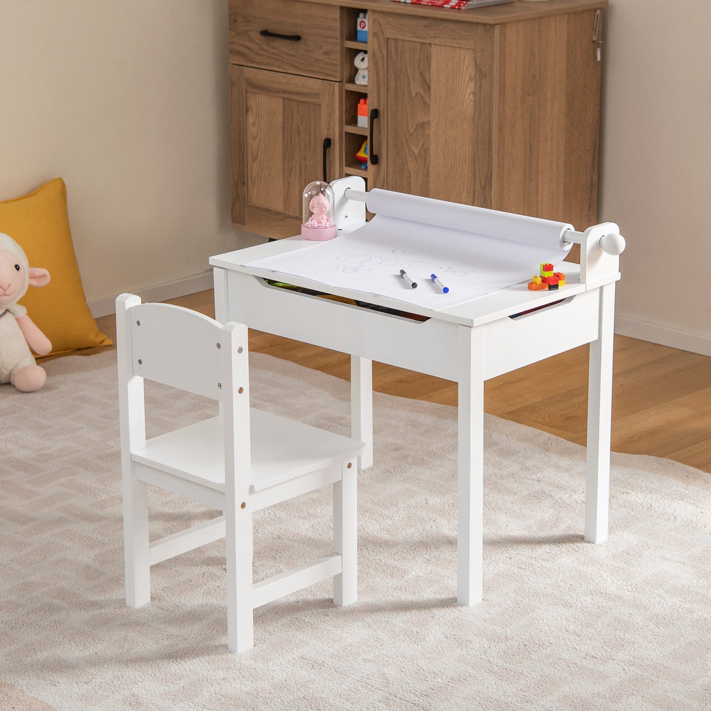 Kids Table and Chair Set with Storage and Paper Roll Holder