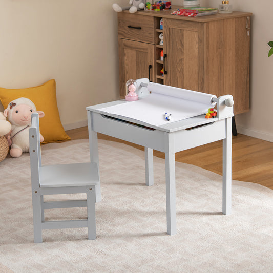 Kids Table and Chair Set with Storage and Paper Roll Holder