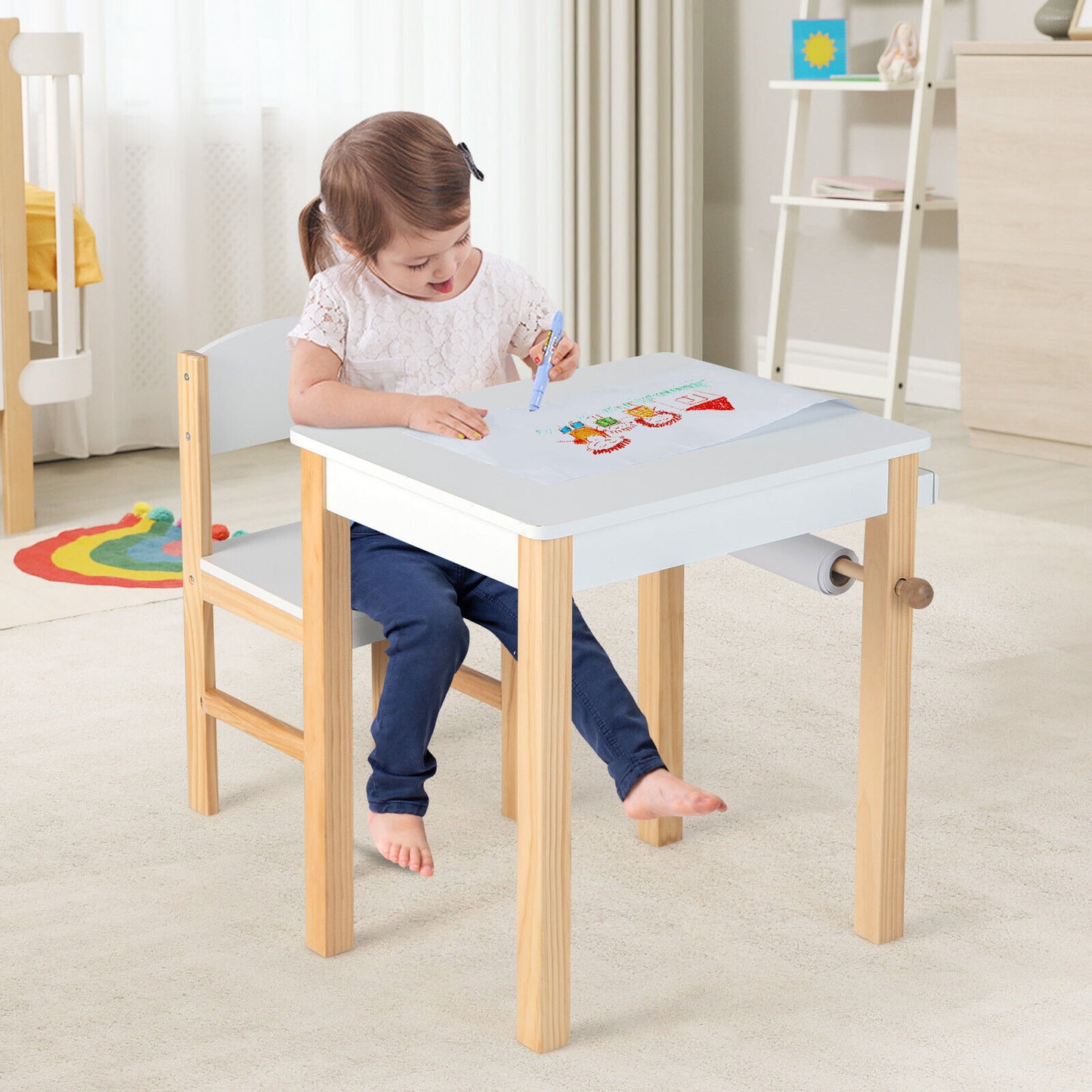 Kids Art Table and Chair Set with Paper Roll and Drawer